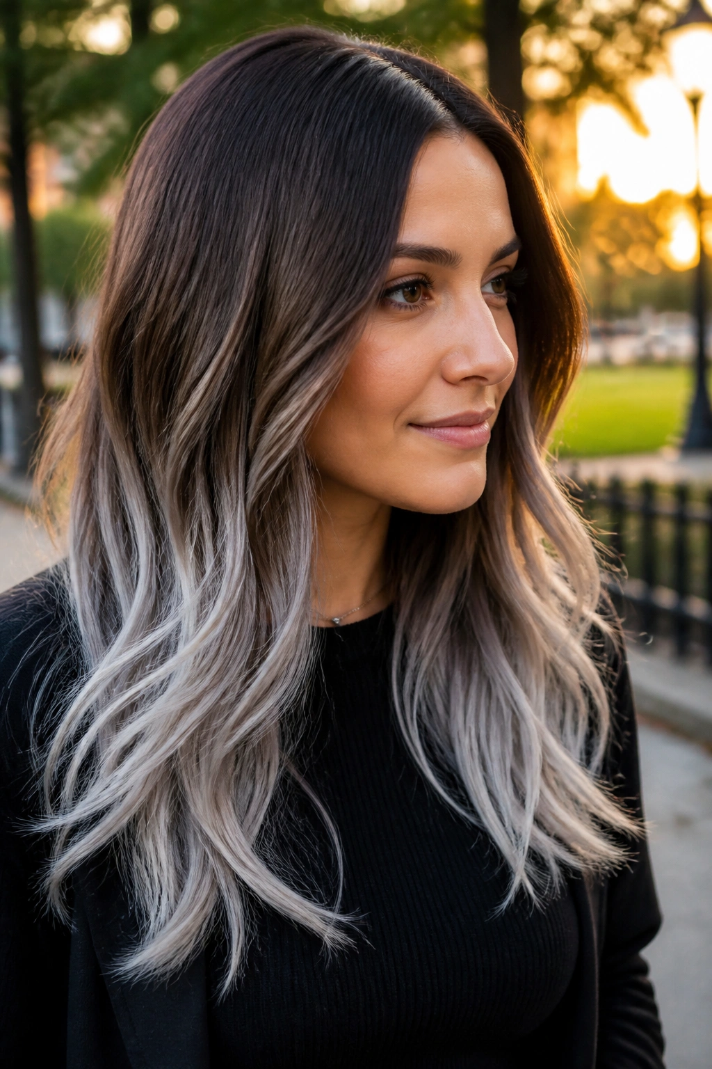Close-up of mid-brown hair fading to ash-silver ombre at the ends