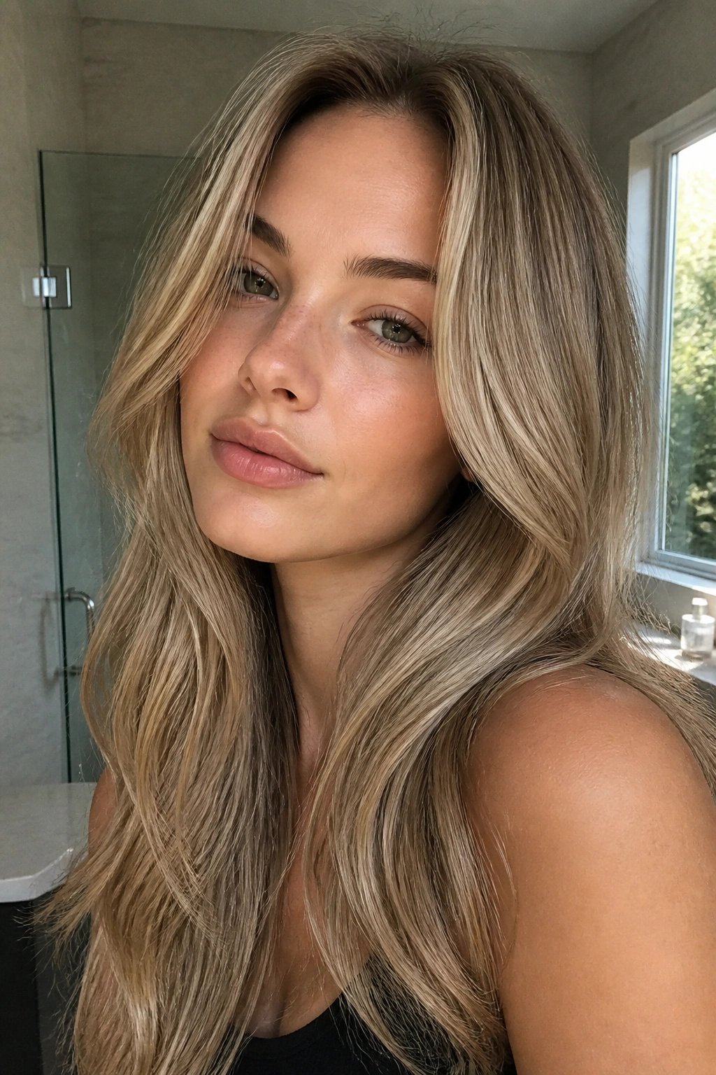 Close-up portrait of a real woman with ash-soft blonde hair under natural light