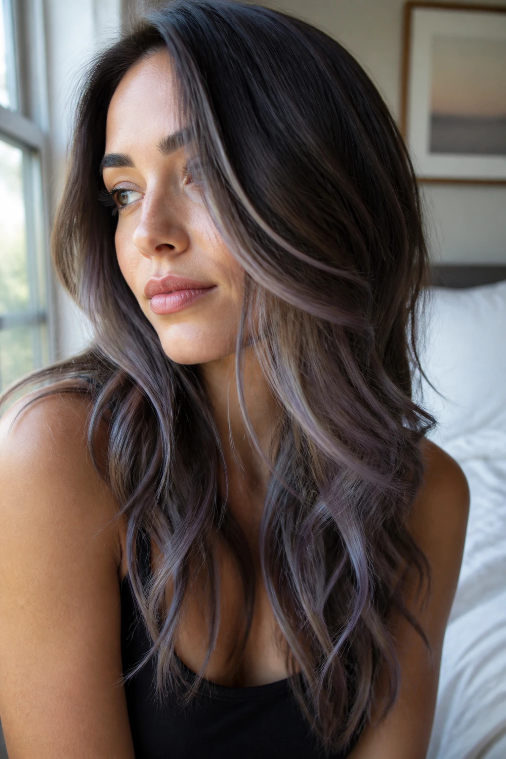 Close-up portrait showing ash-violet grey infusion in brown hair