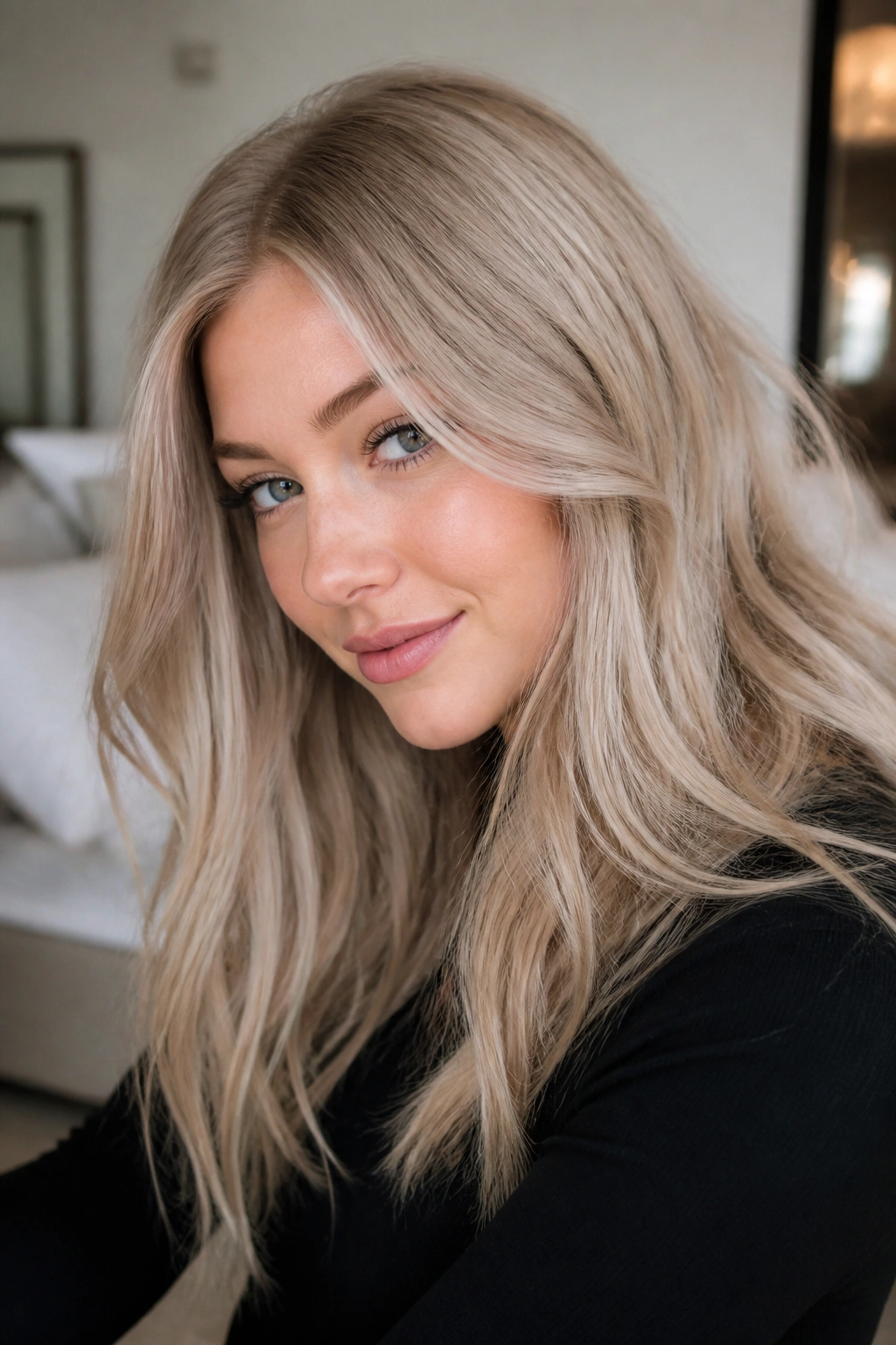 Close-up portrait of a person with ashy beige blonde hair in soft window light
