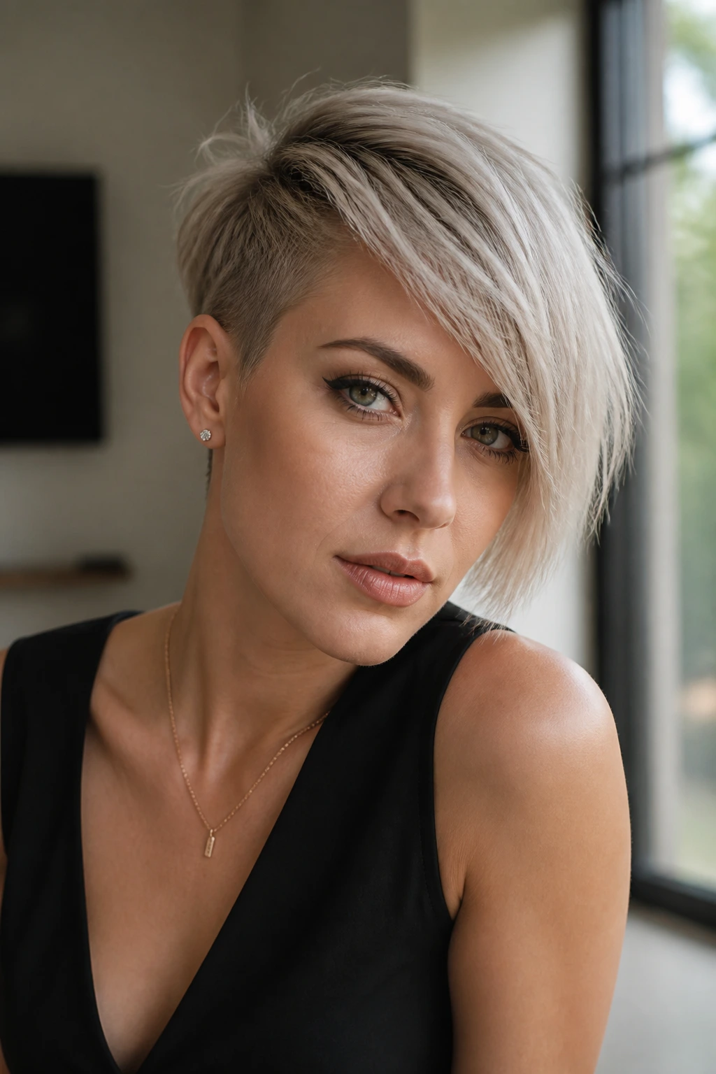 Real-person portrait showing an asymmetric ashy blonde haircut