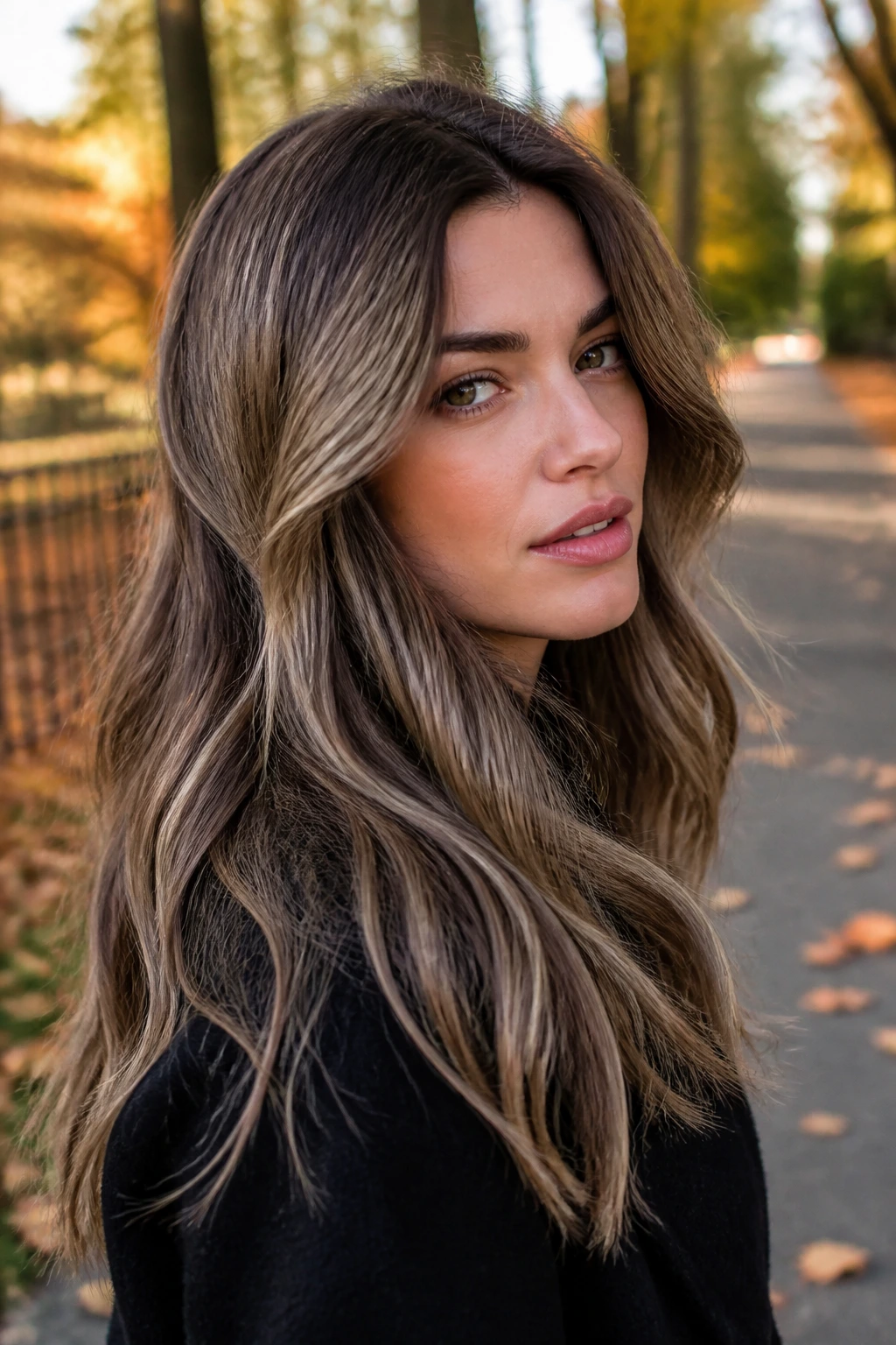 Portrait of a woman with ashy bronde hair outdoors in autumn daylight