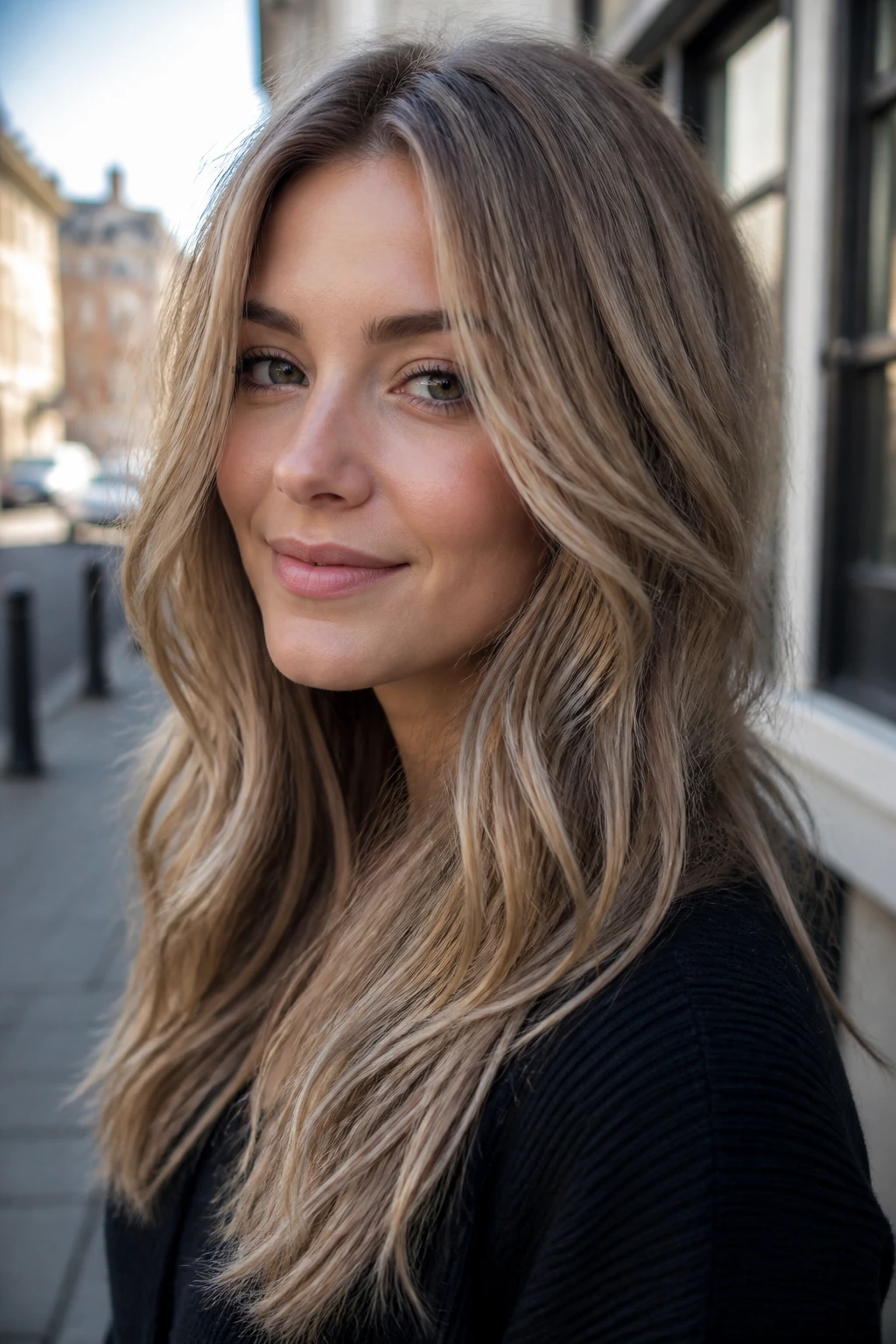 Close-up portrait of a real woman with ashy brown-blonde hair on a quiet street