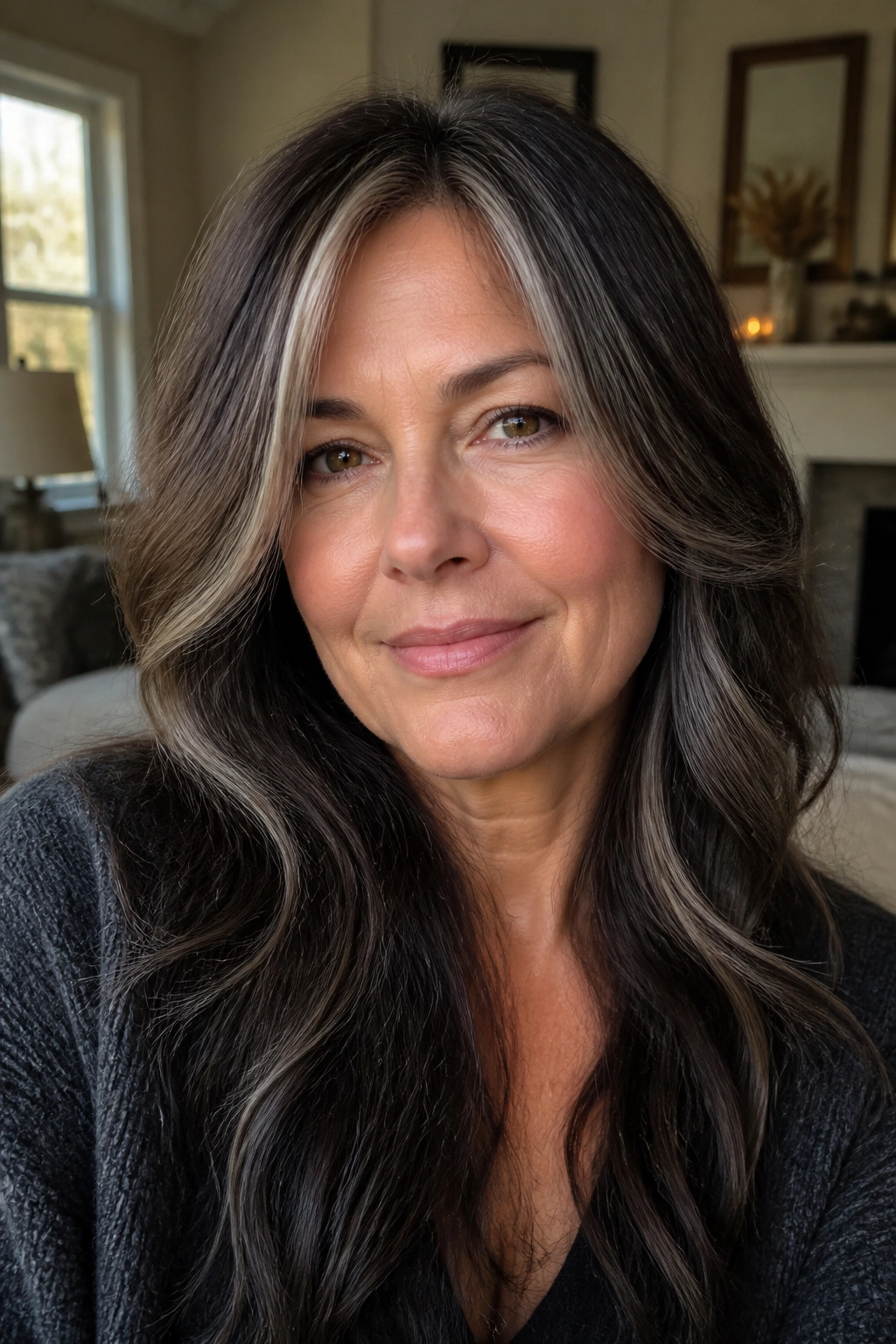 Close-up of smoky brunette with ashy ribbons in window light