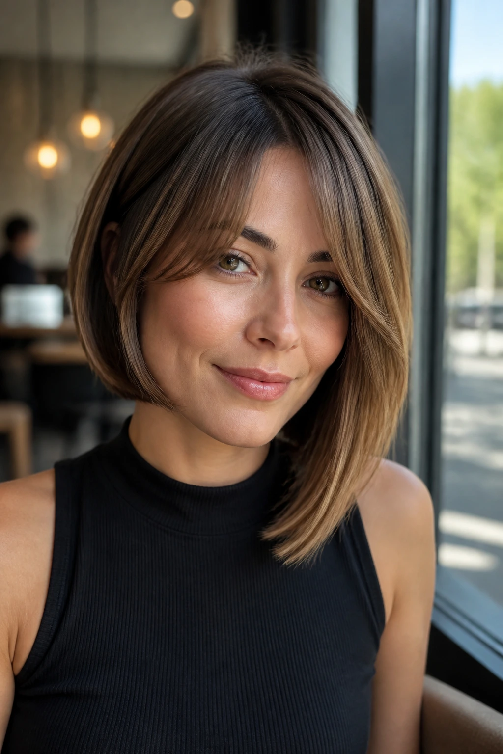 Portrait of a real woman with curtain bangs and an asymmetric bob in soft daylight