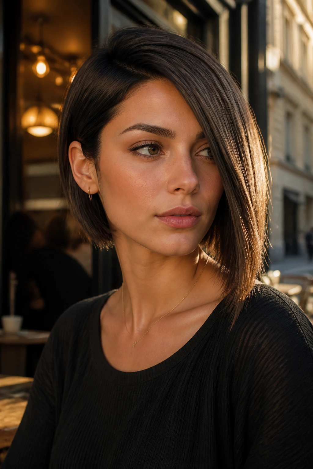 Close-up of a real woman with an asymmetric bob showing a longer side in warm urban light.