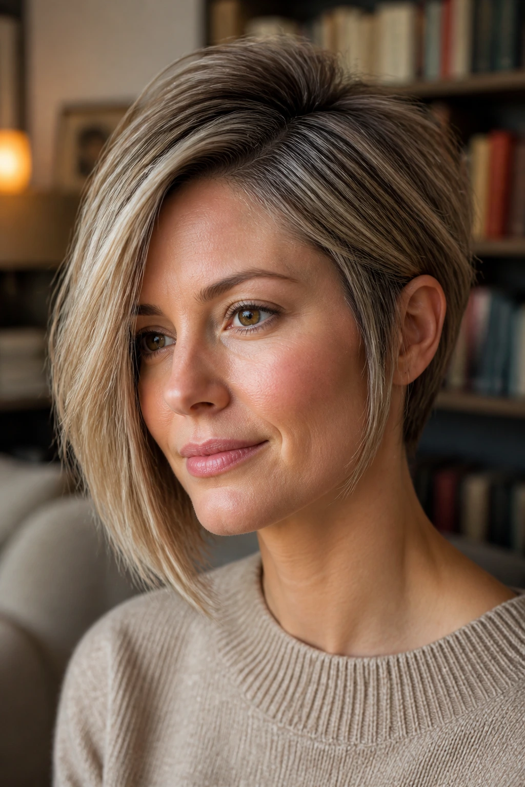 Real woman with asymmetric bob and micro layers close-up