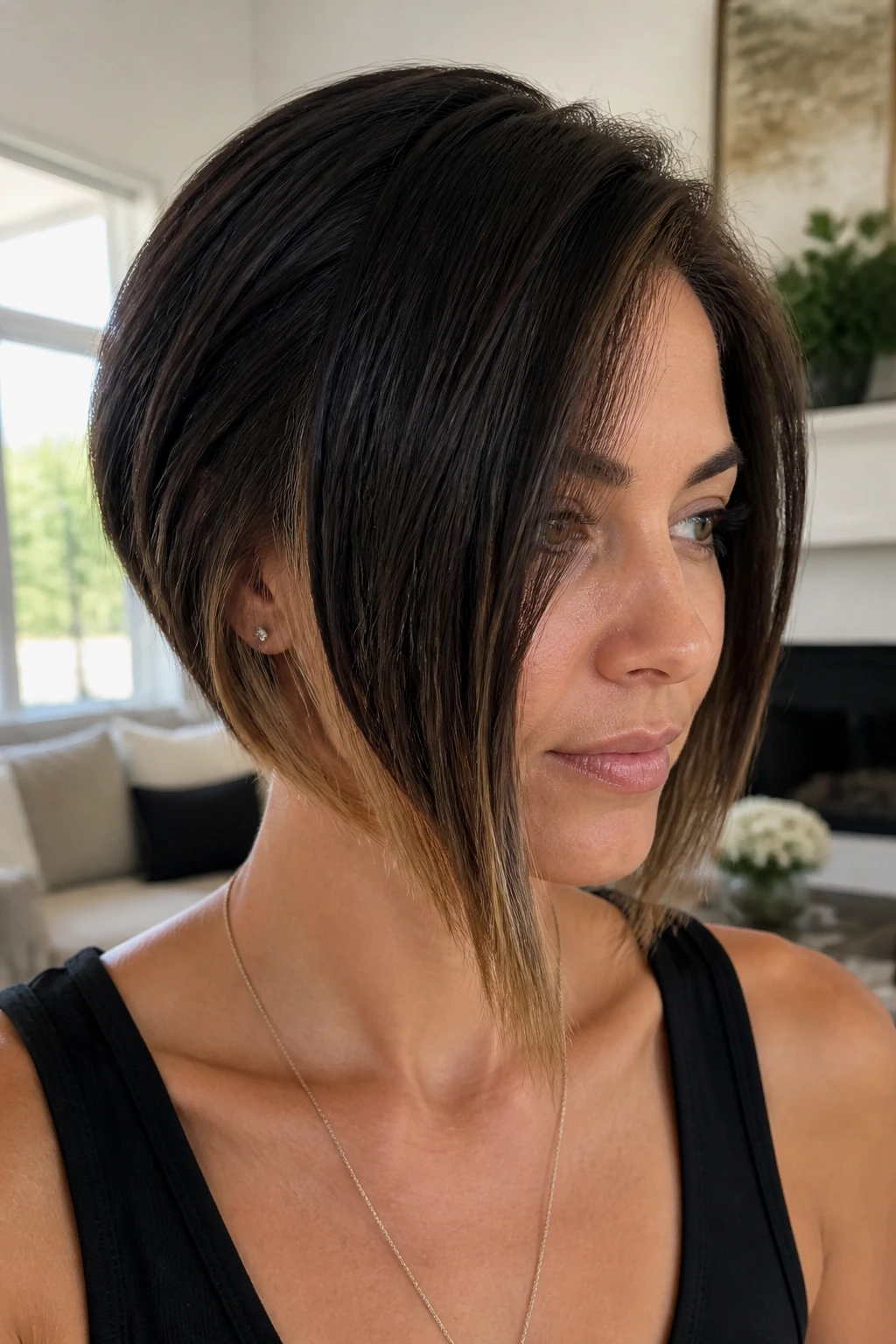 Real woman with asymmetric bob showing peekaboo highlights under the longer side