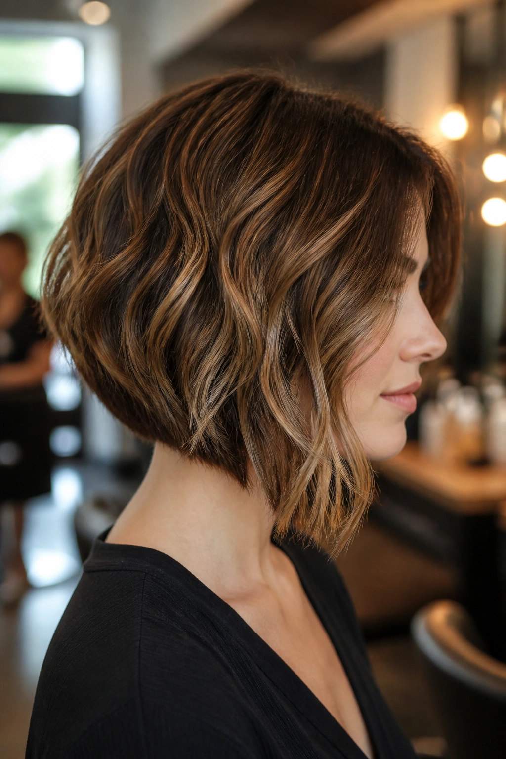 Close-up portrait of a real woman with an asymmetric bob and rounded back