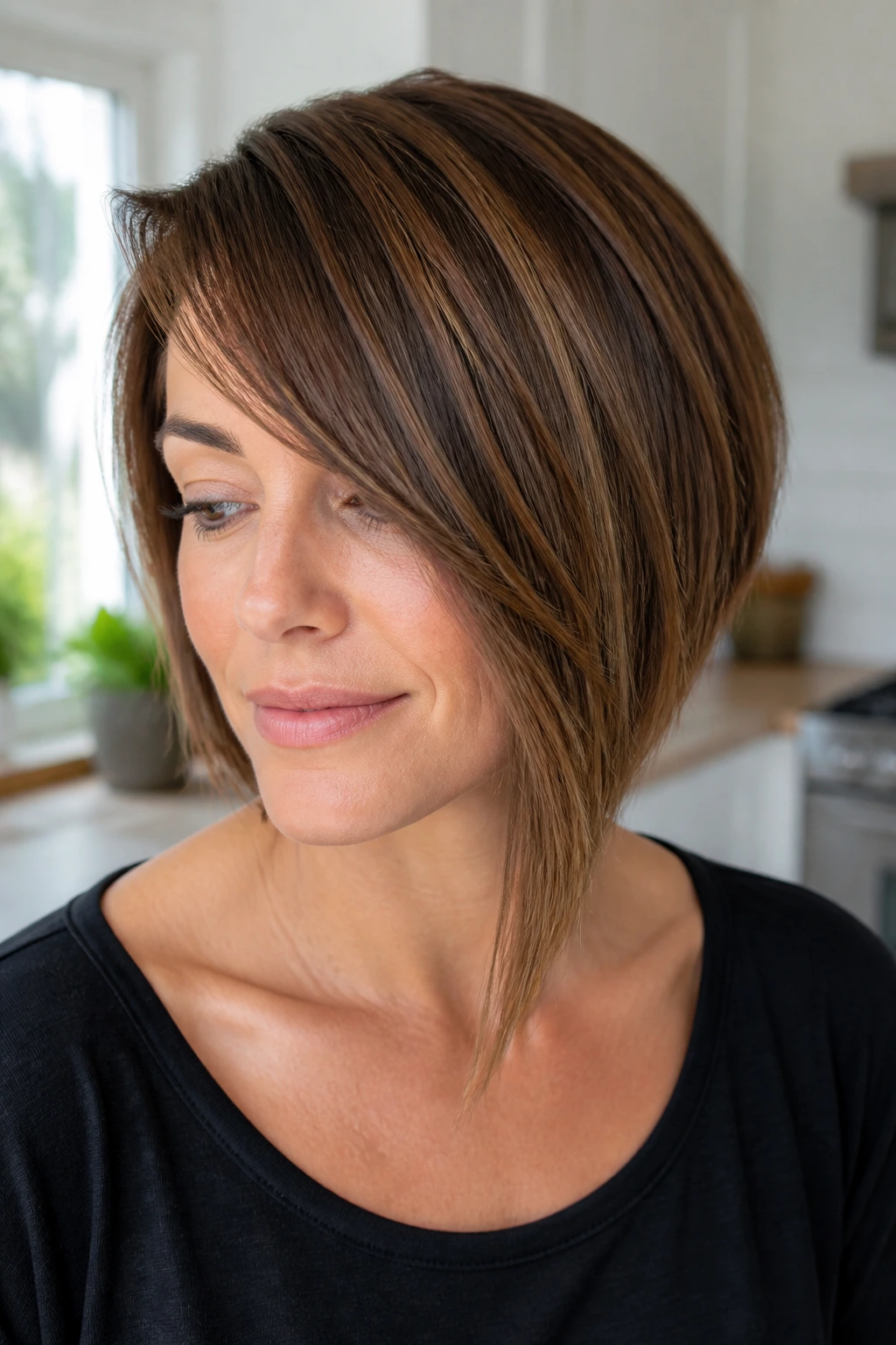 Portrait of woman with asymmetric bob and side bangs