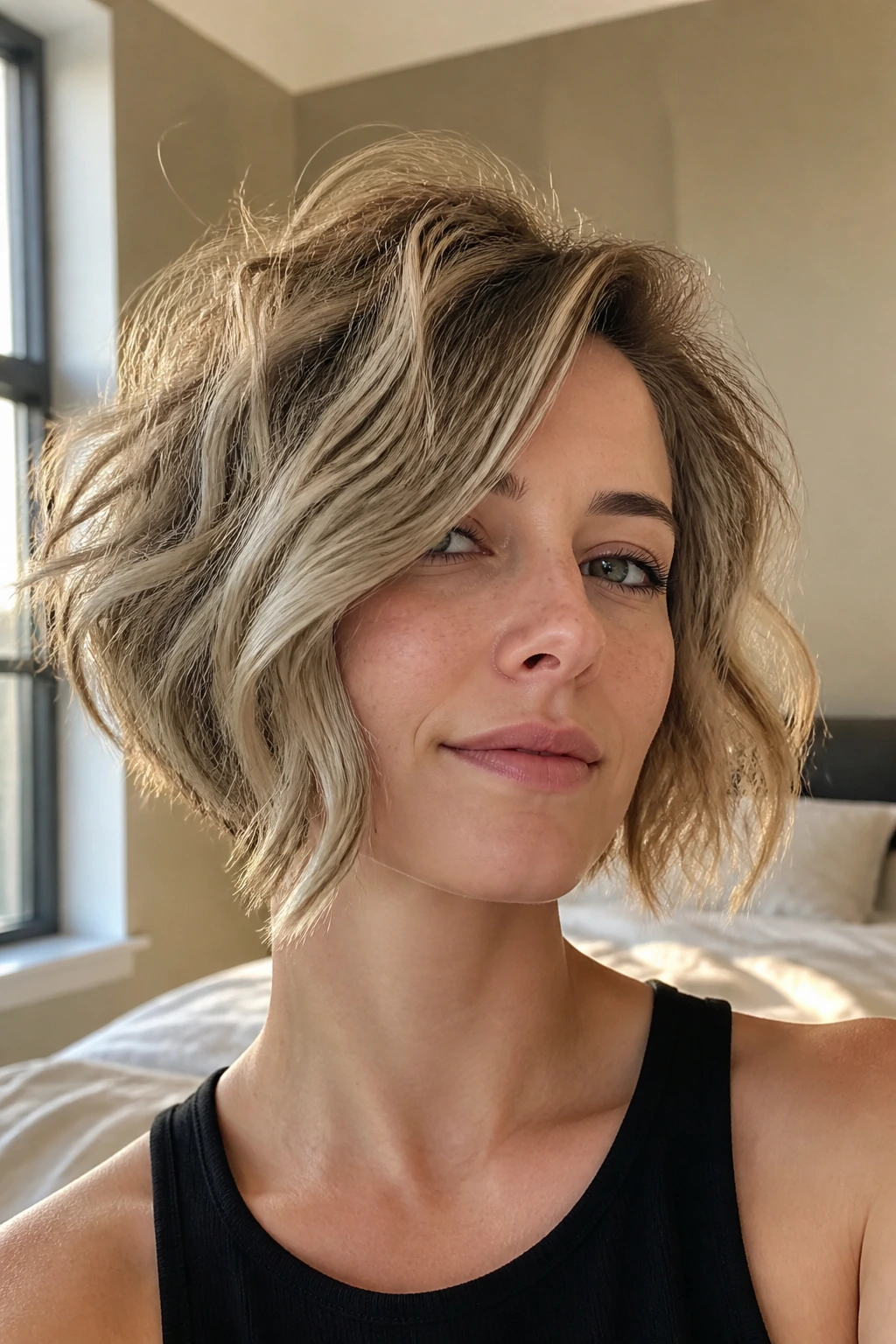 Close-up of a real woman with a tousled asymmetric bob in warm natural window light