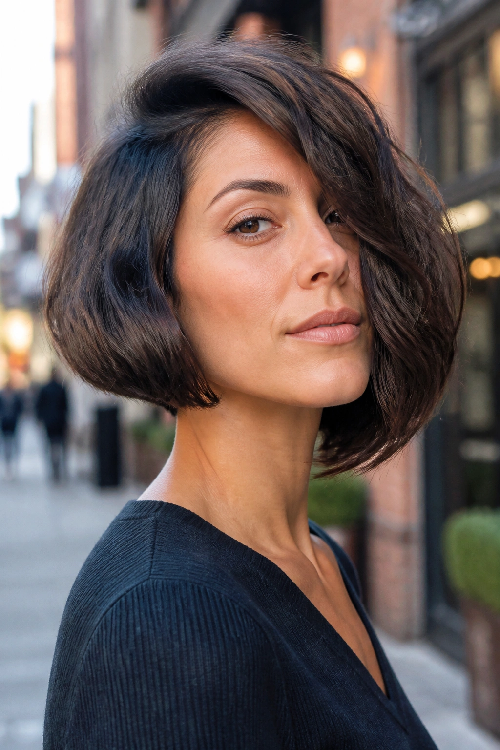 Close-up portrait of a real woman with a deep under-curve in an asymmetric bob.