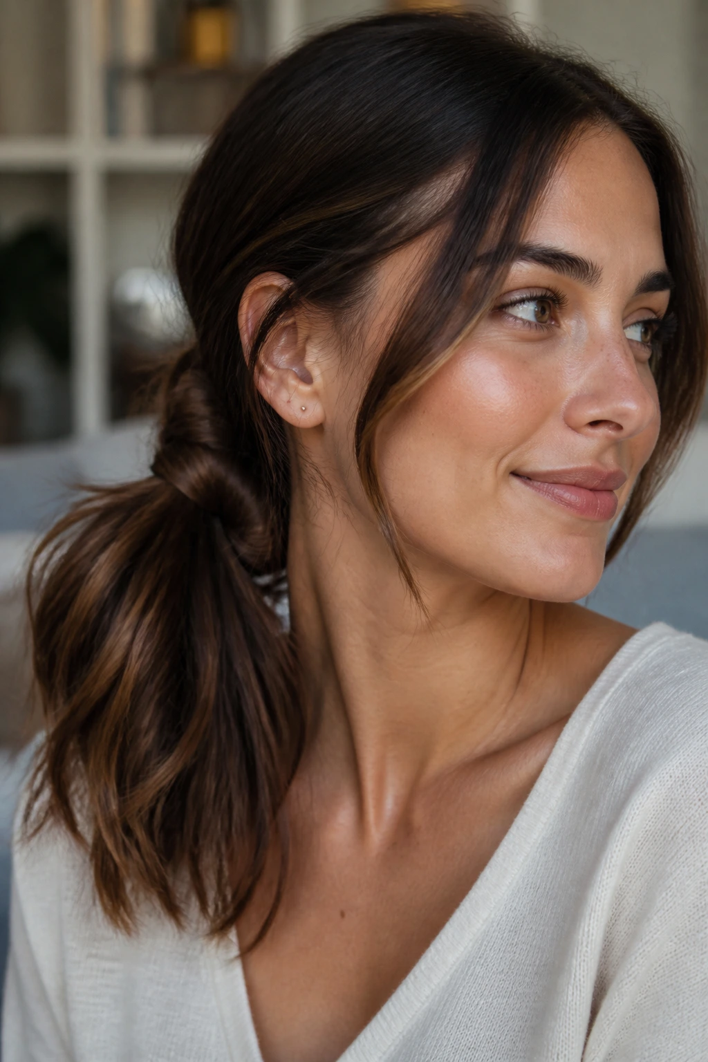 Close-up of a real woman with an off-center knot behind one ear.
