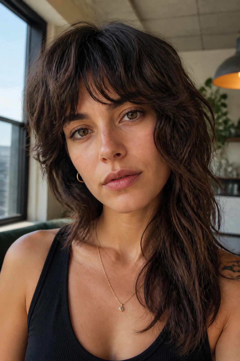 Portrait of a real person with asymmetric shag showing longer and shorter sides.