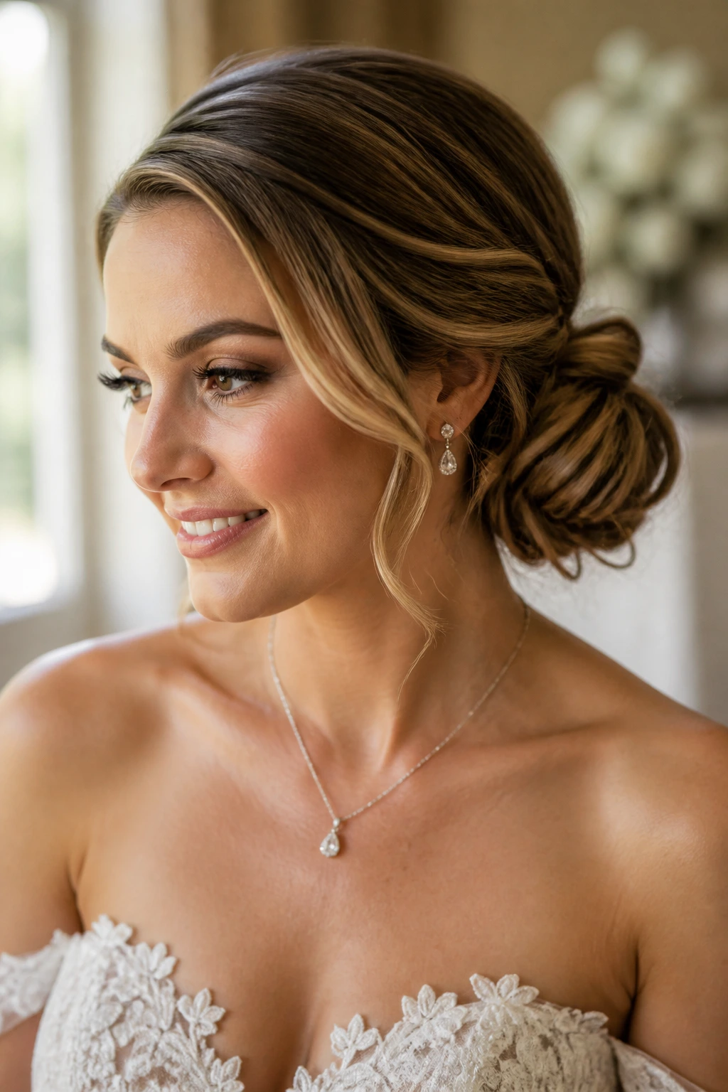 Close-up of a real bride with an off-center asymmetric side bun behind the ear