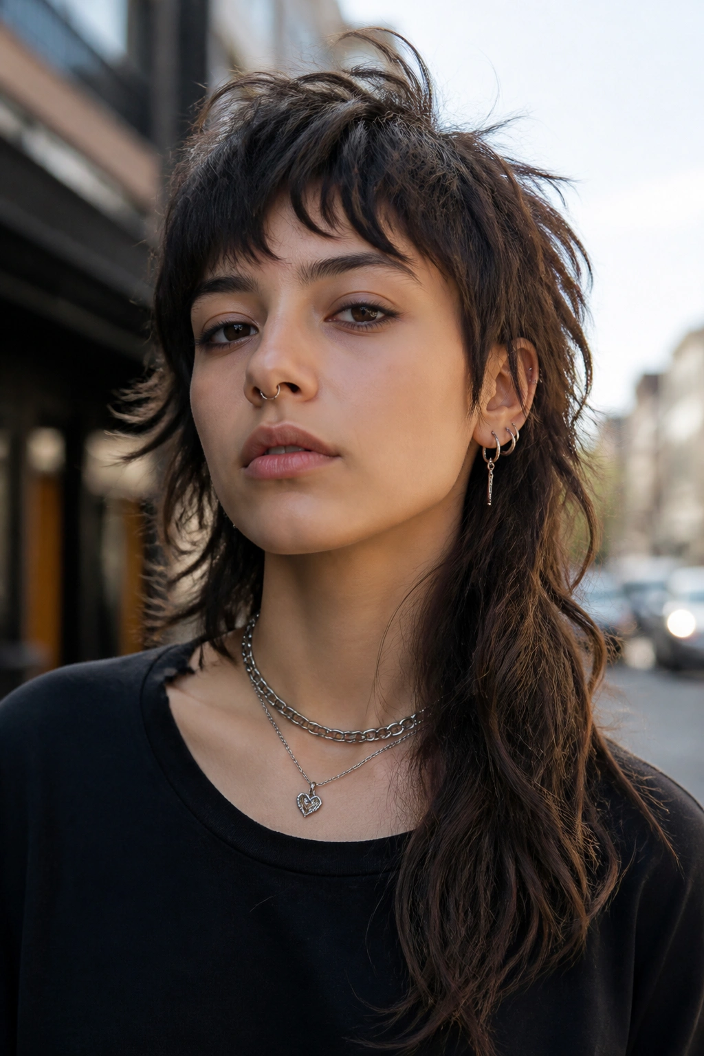 Close-up of a real person with an asymmetric wolf cut in an outdoor urban setting