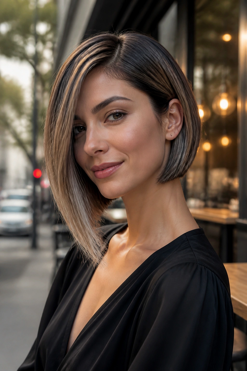 Close-up portrait of a real woman with an asymmetrical angled bob showing one side longer