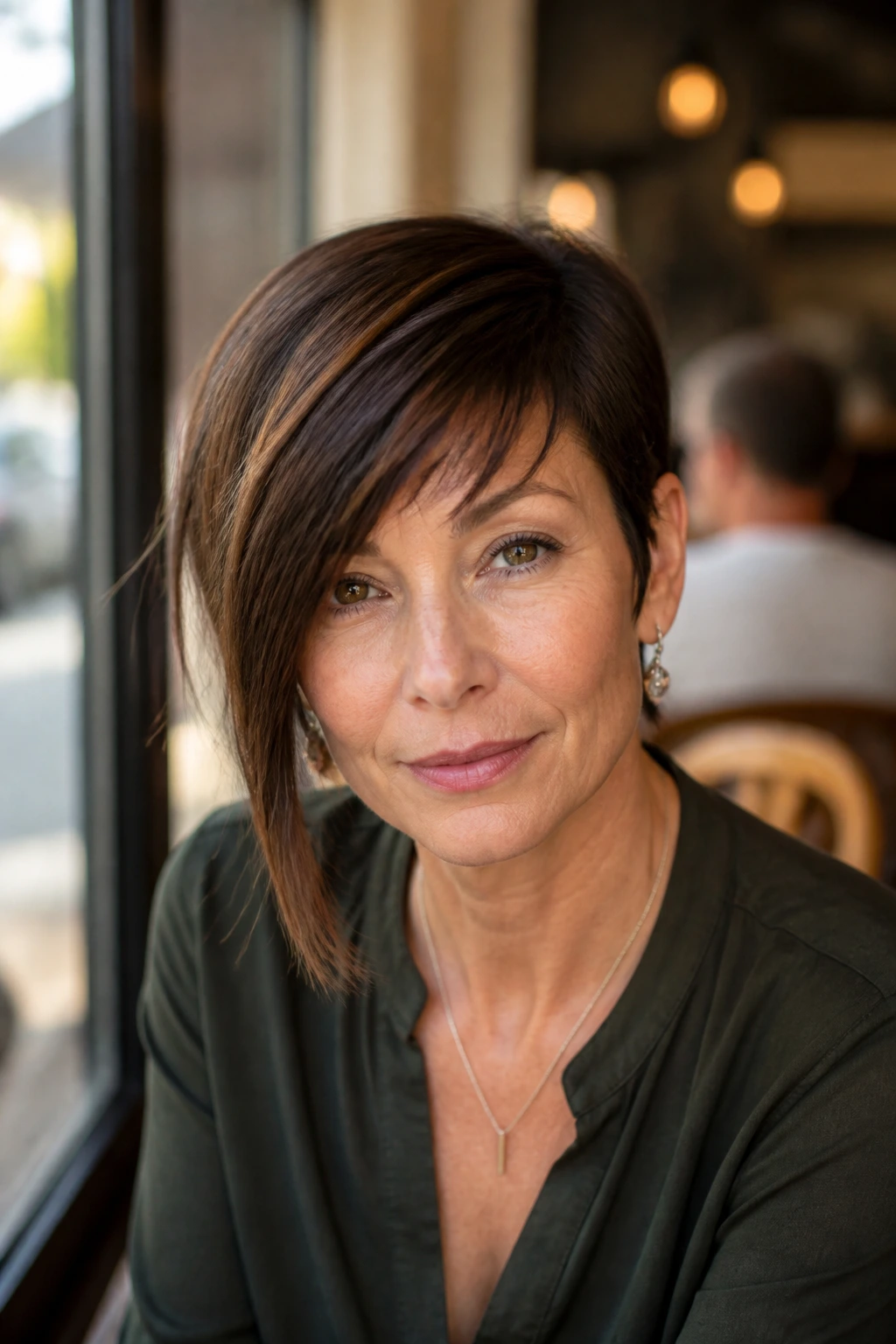 Close-up of a woman with asymmetrical bangs in cafe light