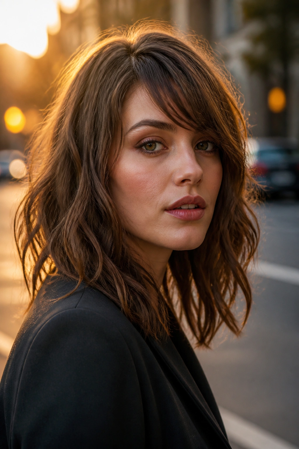 Close-up of a real woman with asymmetrical bangs on a golden hour street backdrop