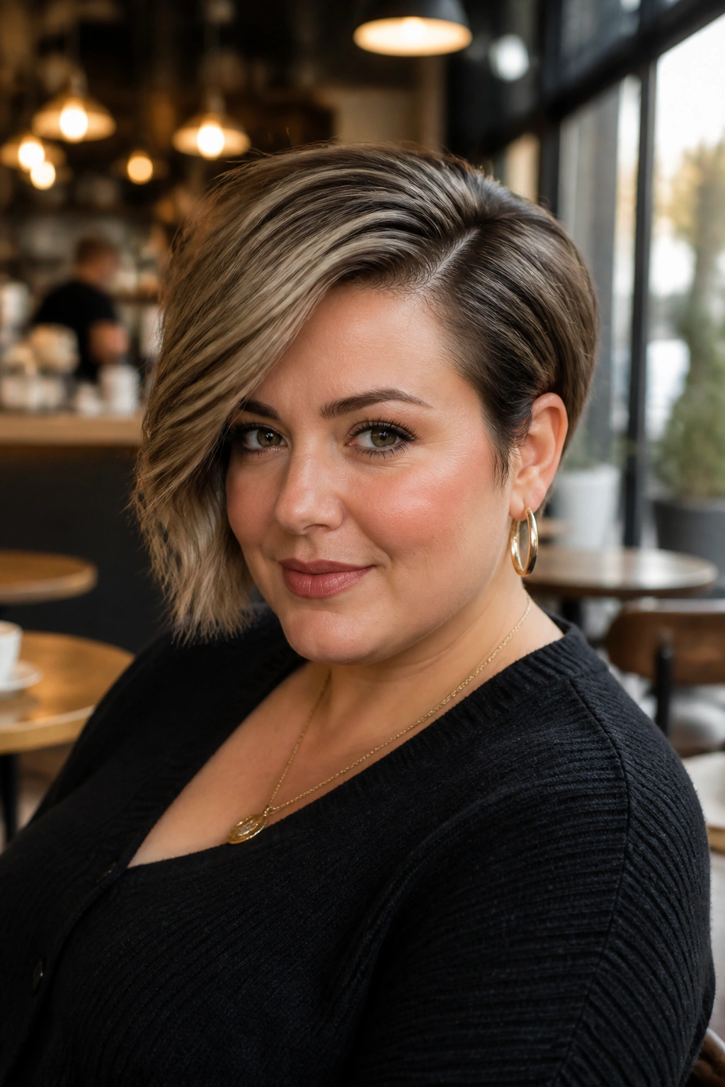 Portrait of a woman with an asymmetrical bixie and deep side part in a cafe setting.