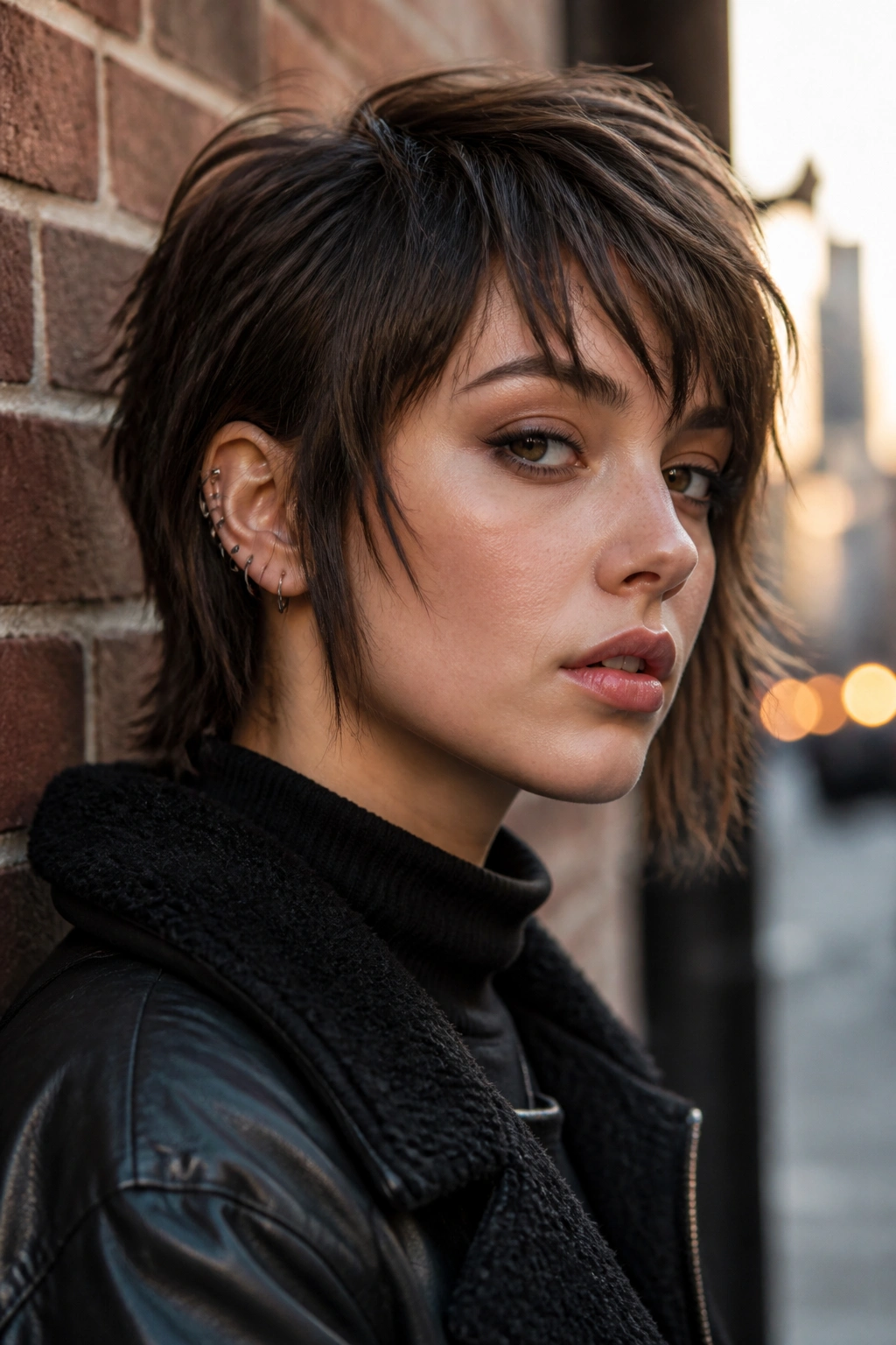 Close-up of a real person with Asymmetrical Bixie Wolf Cut on an urban street backdrop