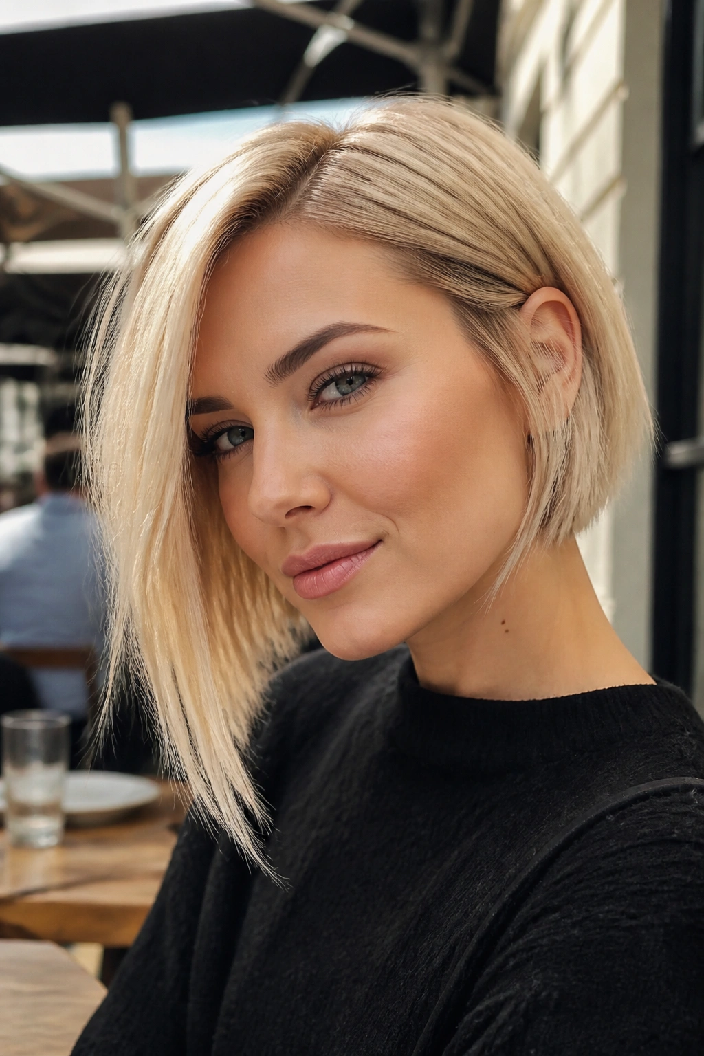 Portrait of a real woman with an asymmetrical blonde bob and longer front piece