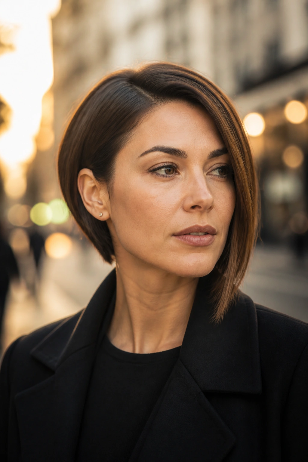 Close-up of a real woman with an asymmetrical bob hairstyle