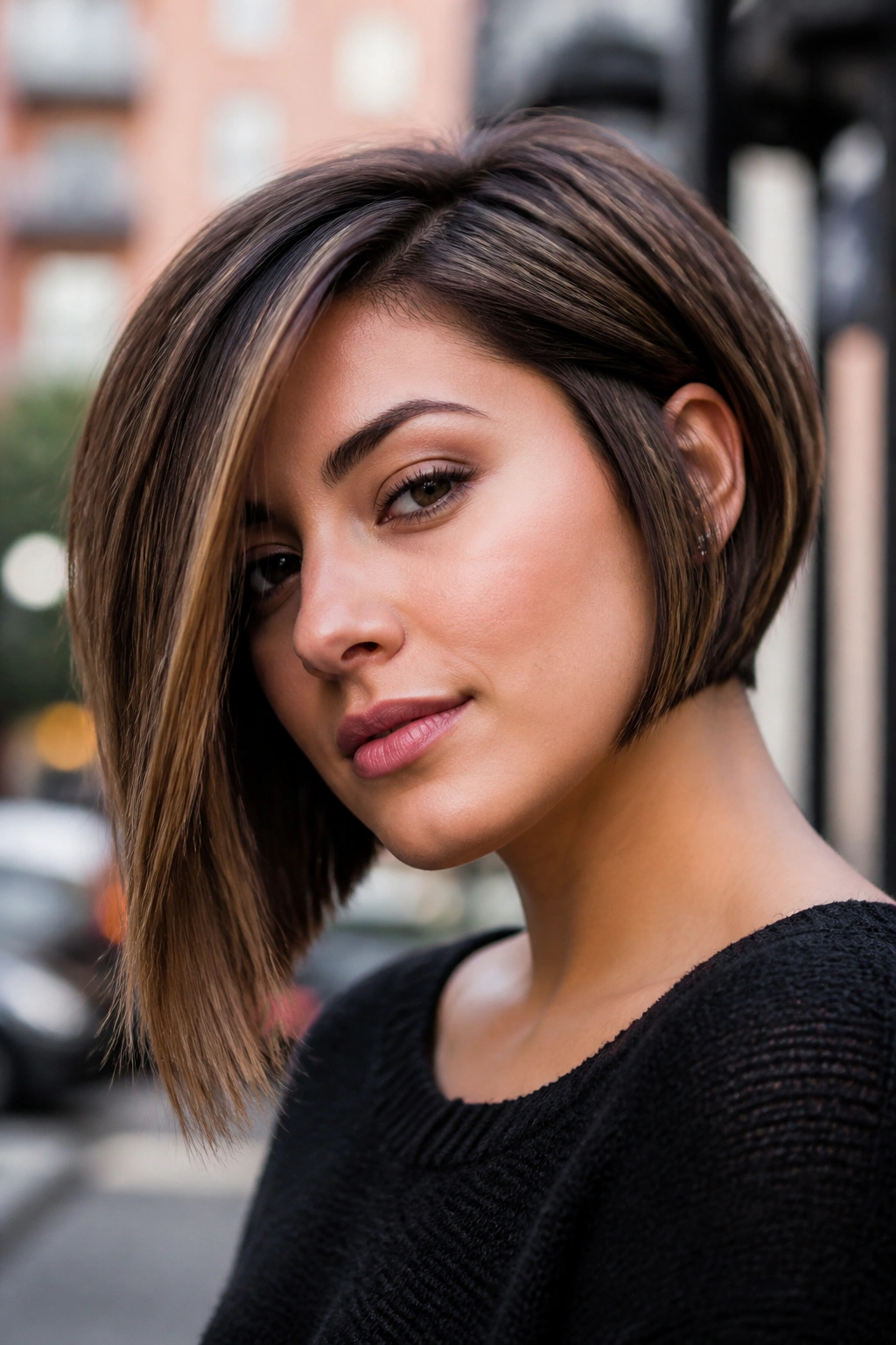 Close-up of a real person with an asymmetrical bob