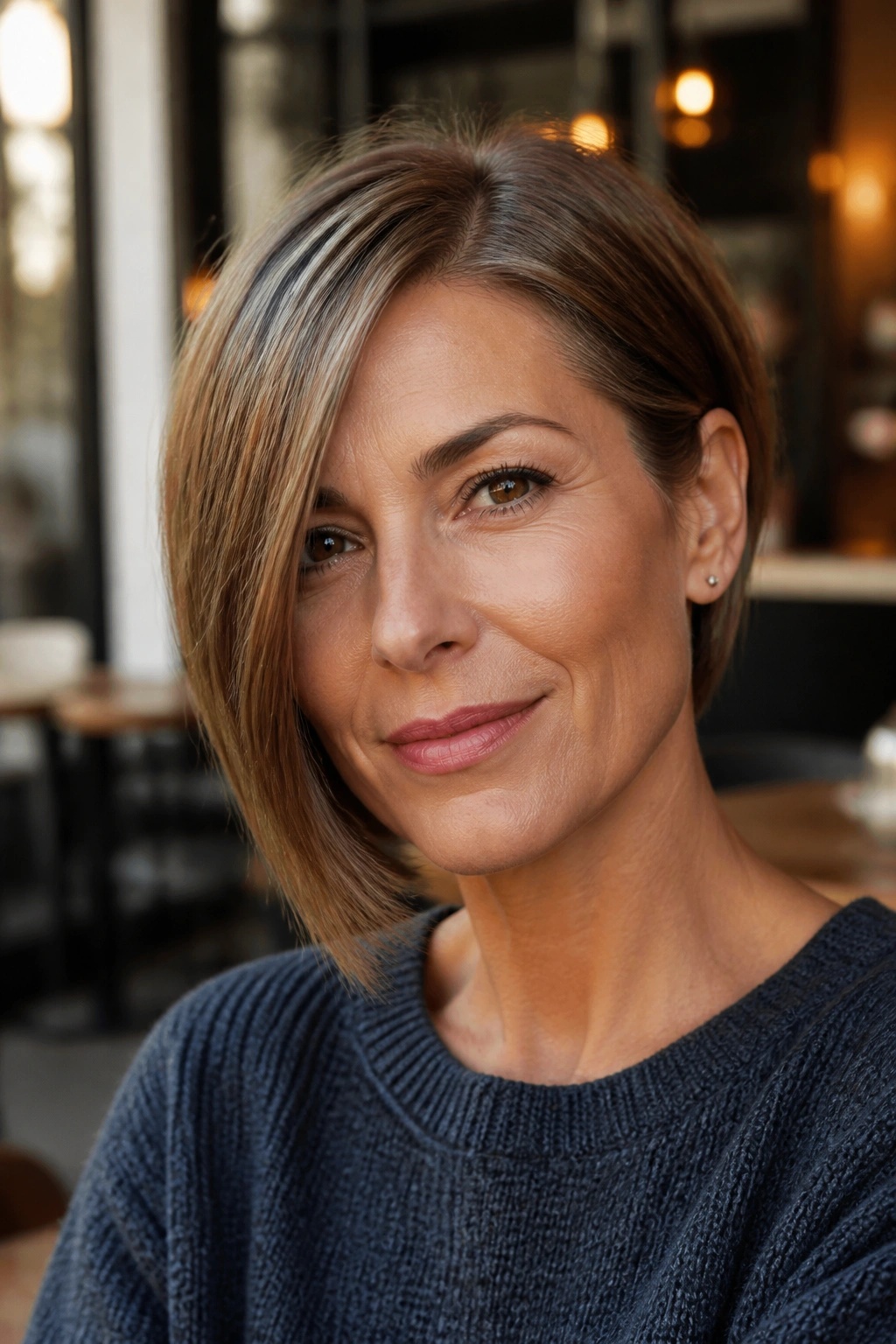Close-up portrait of a real woman with an asymmetrical bob.