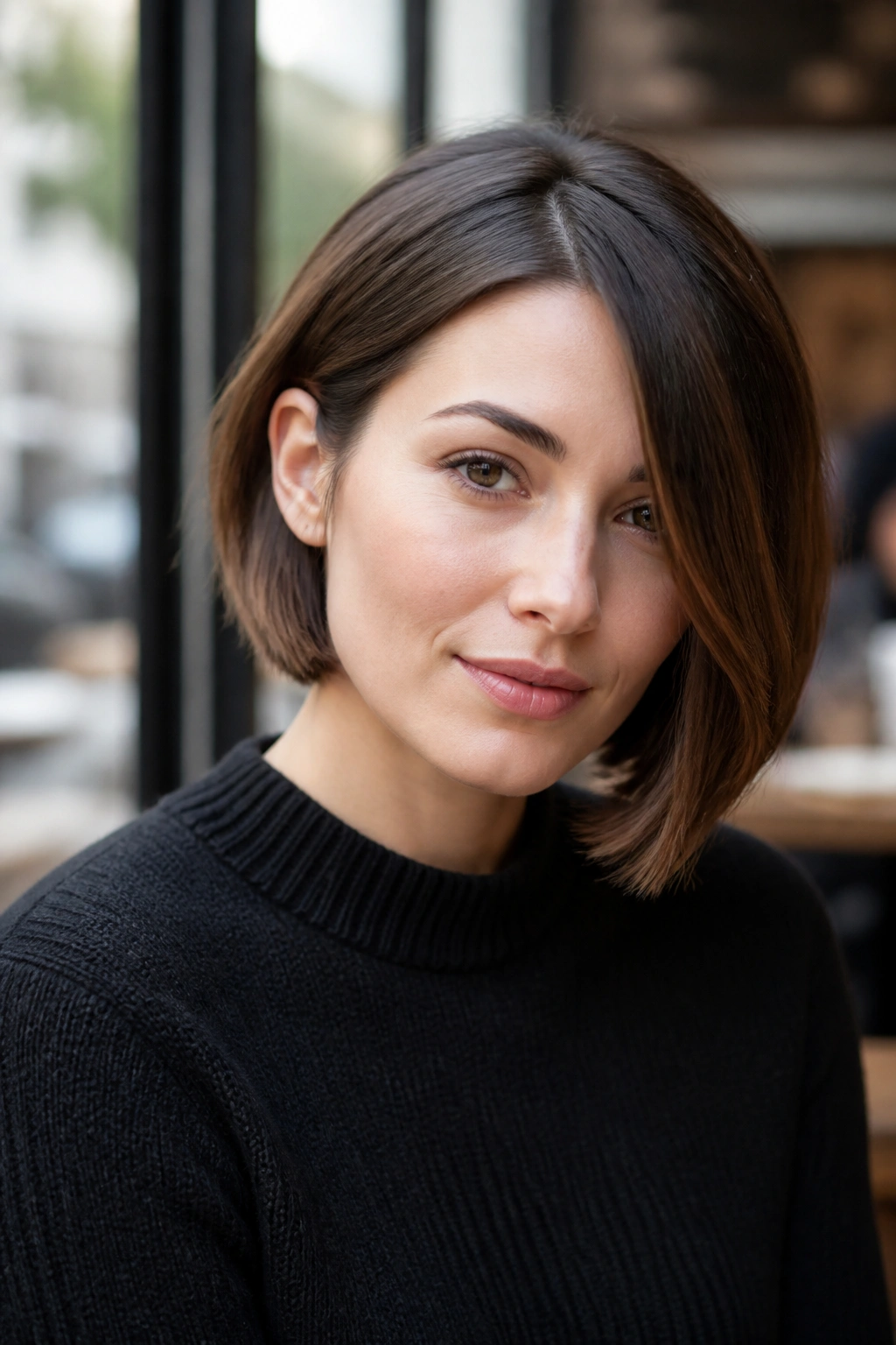 Close-up of a real person with an asymmetrical bob, diagonal line framing the jaw