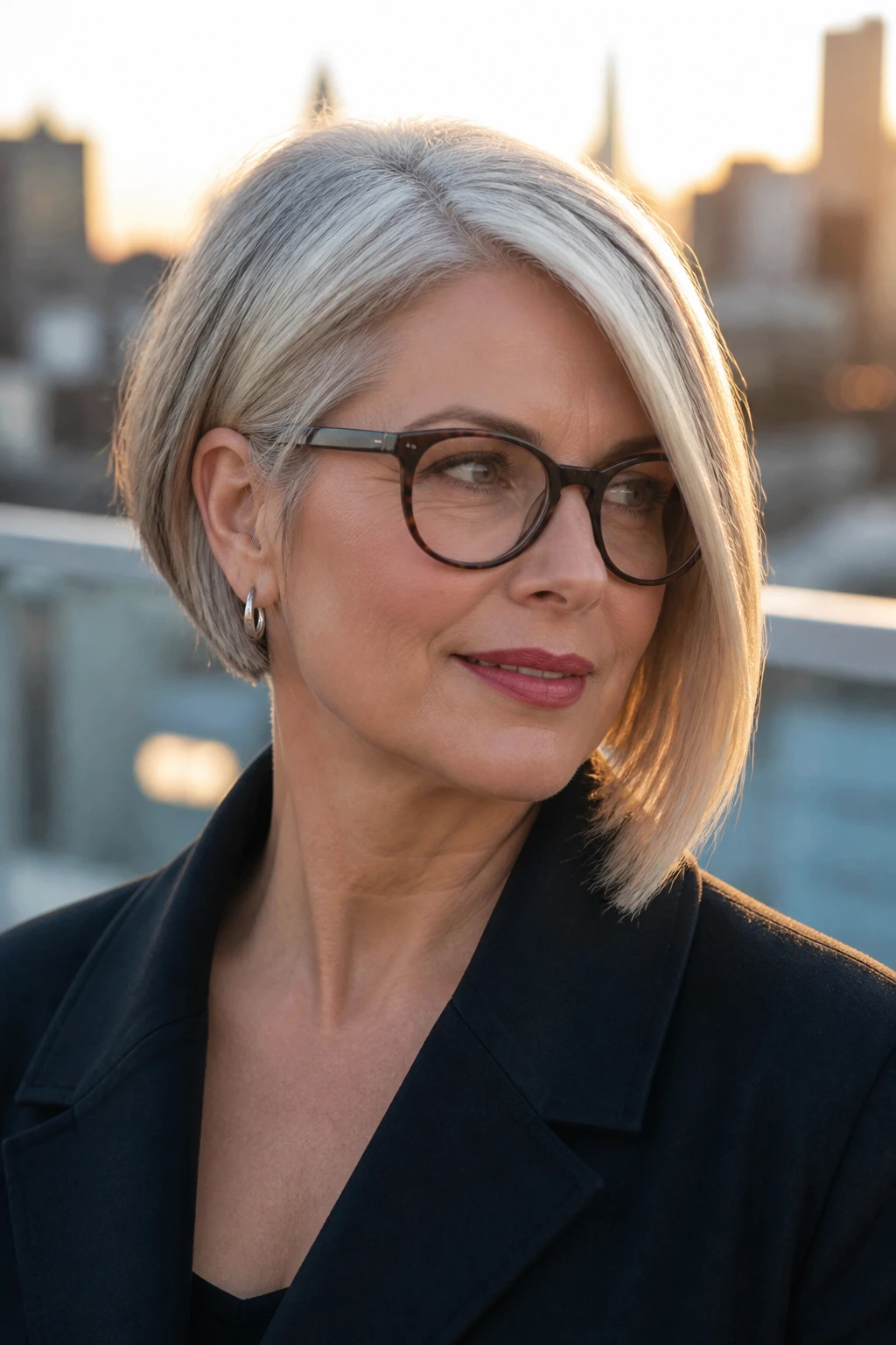 Close-up of a real woman with an asymmetrical bob showing a subtle diagonal difference
