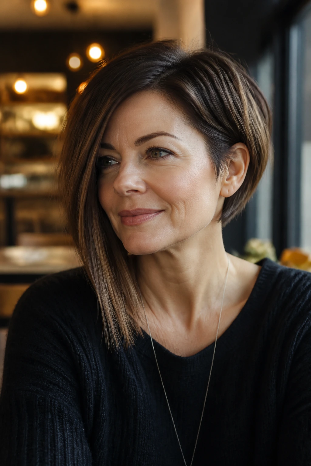 Portrait of a real woman with an asymmetrical bob showing one longer side.
