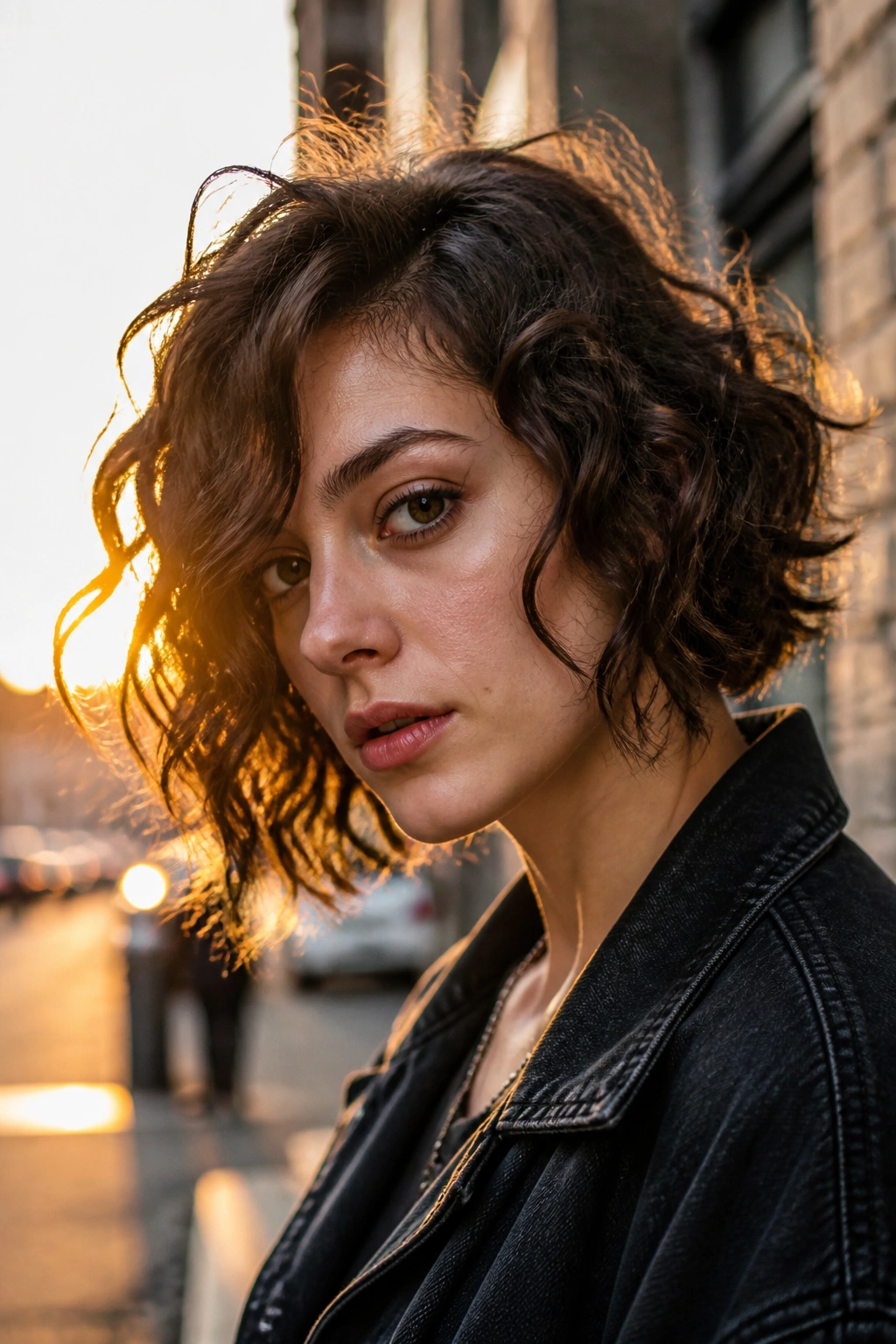Portrait of a real person with an asymmetrical bob and broken curls