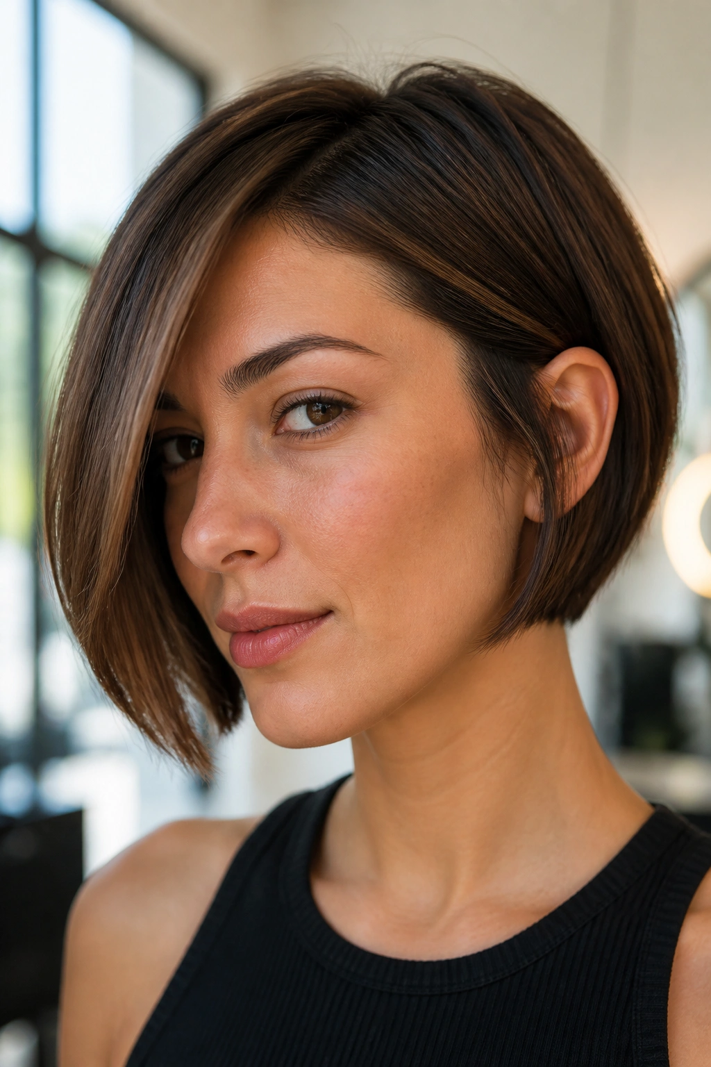 Portrait of a real woman with a subtle asymmetrical cheek-length bob in natural daylight