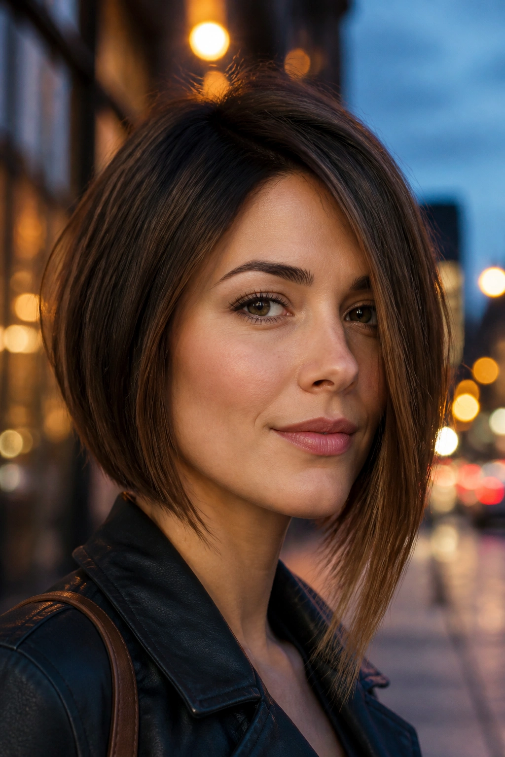 Portrait of a real woman with an subtle asymmetrical bob and longer side.