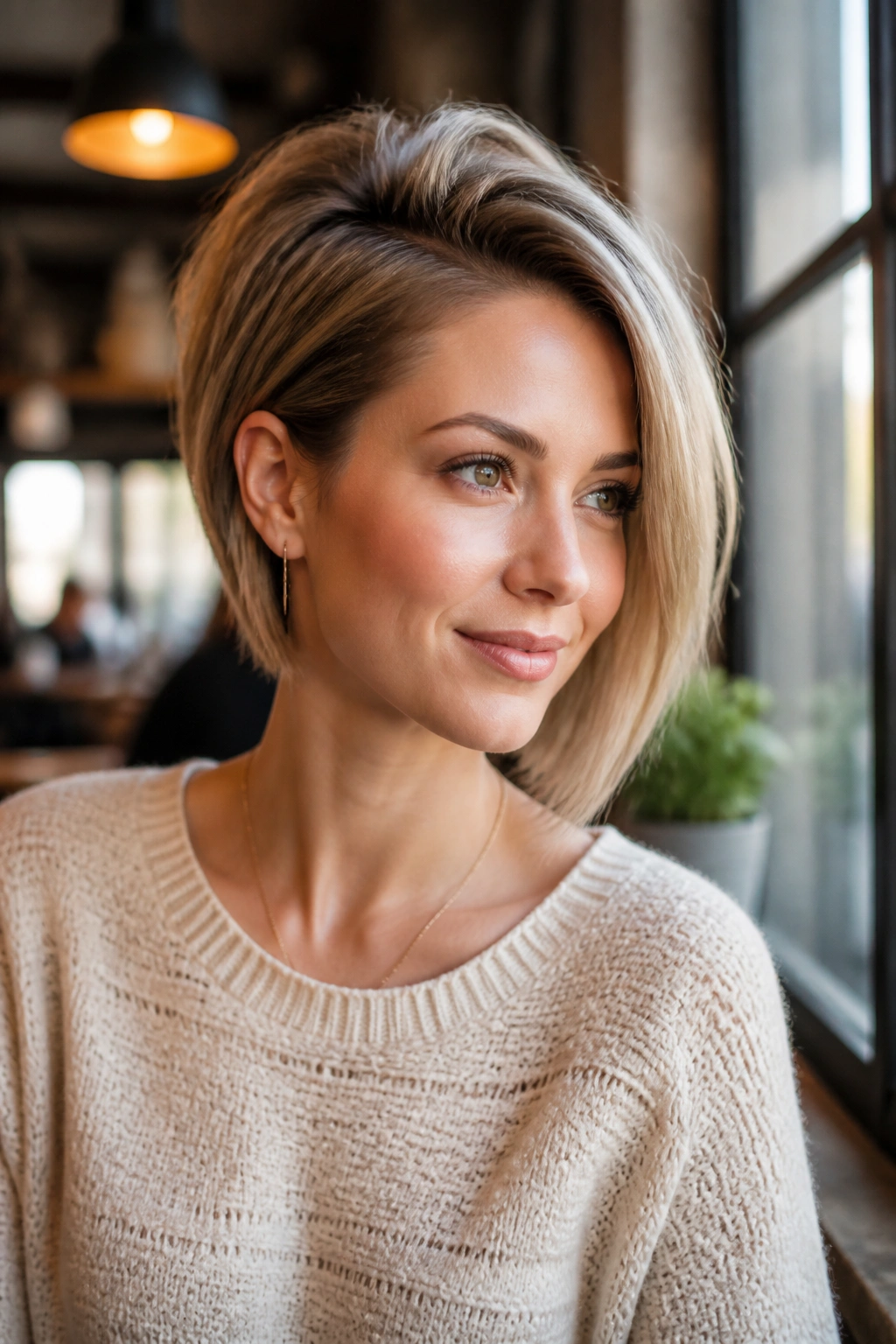 Portrait of a real woman with an asymmetrical bob showing longer side and crown lift.