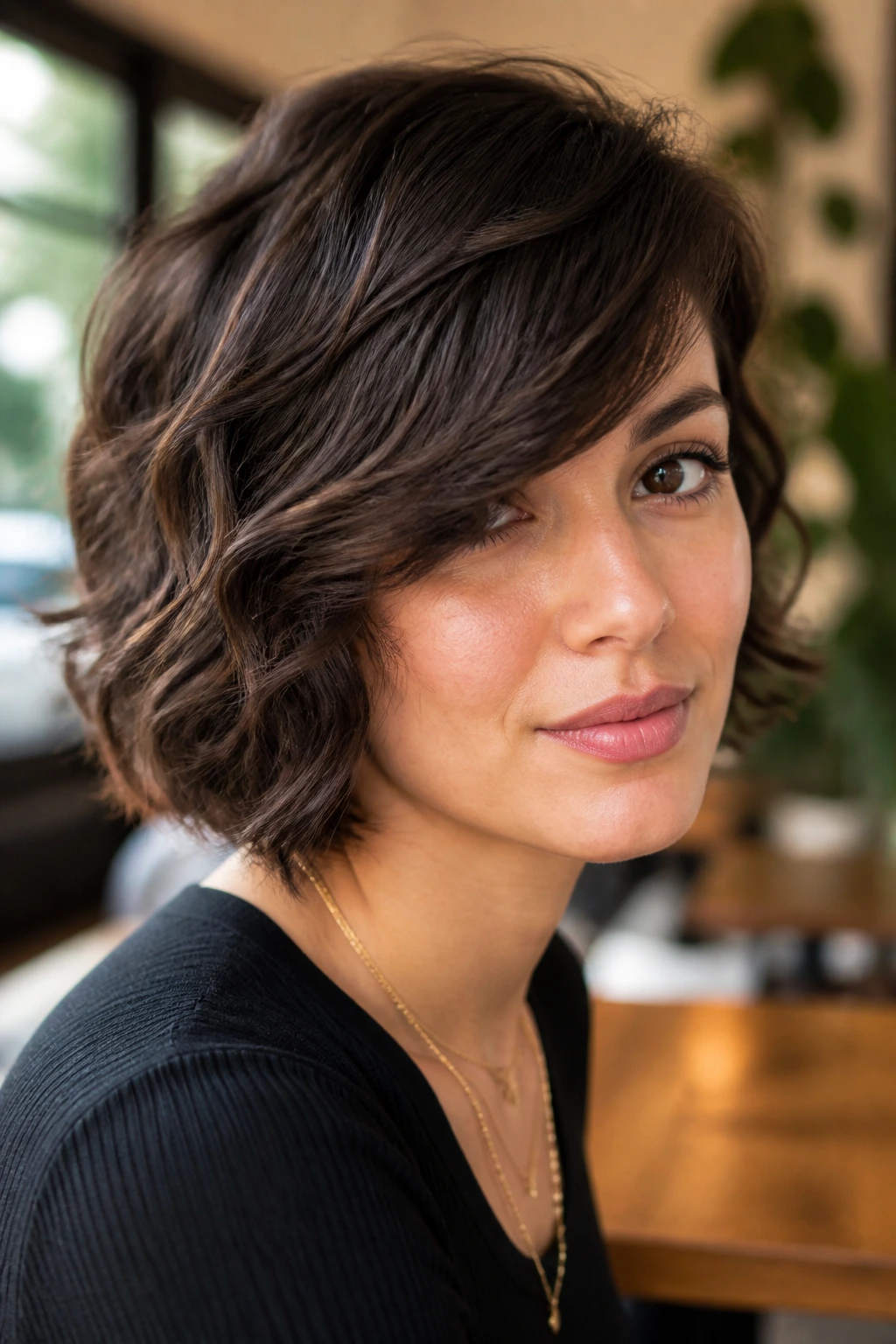 Close-up portrait of a real woman with asymmetrical bob and deep side bangs on 2c curls