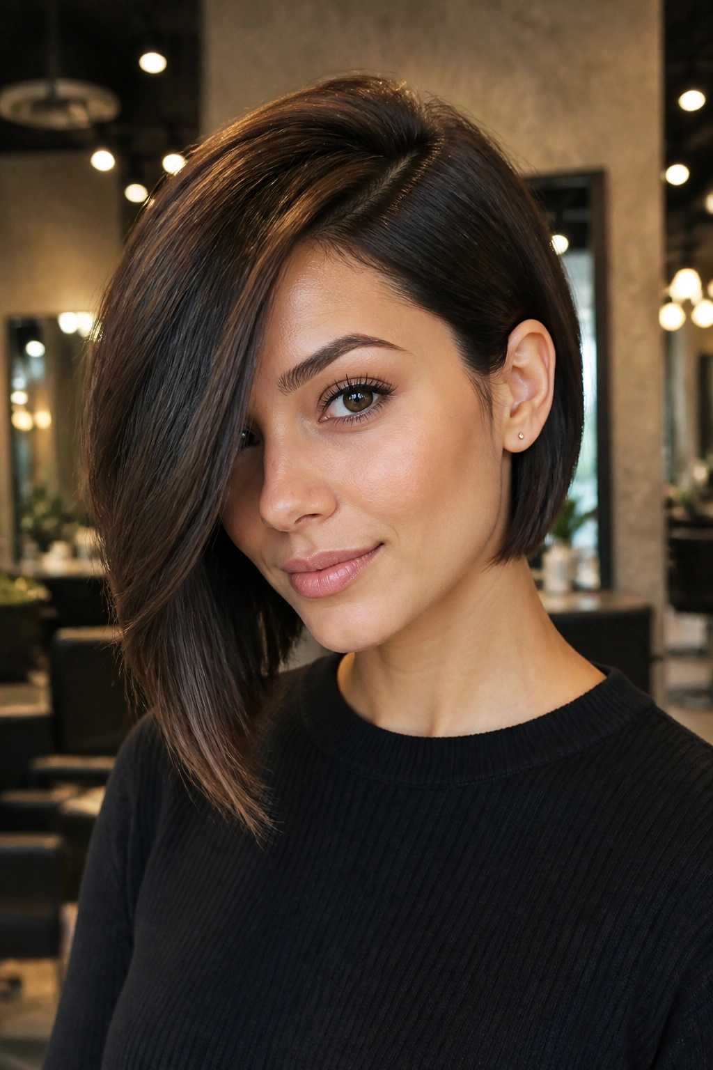 Close-up of a real woman with an asymmetrical bob and deep side part in a salon setting.