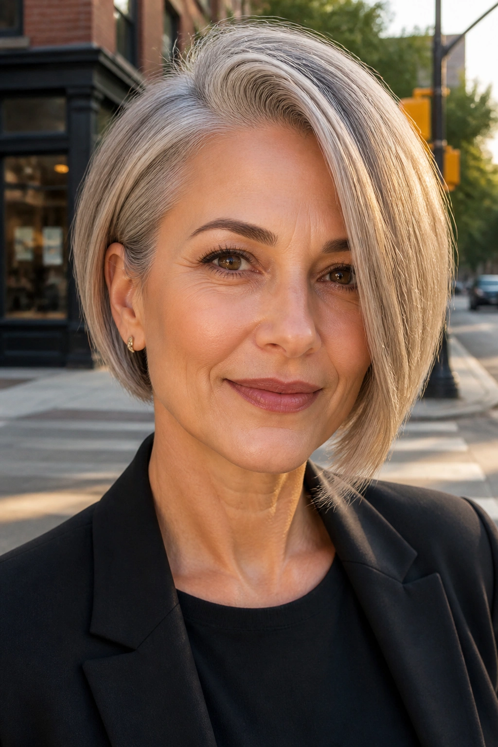 Portrait of a woman with an asymmetrical bob and deep side part in soft morning light