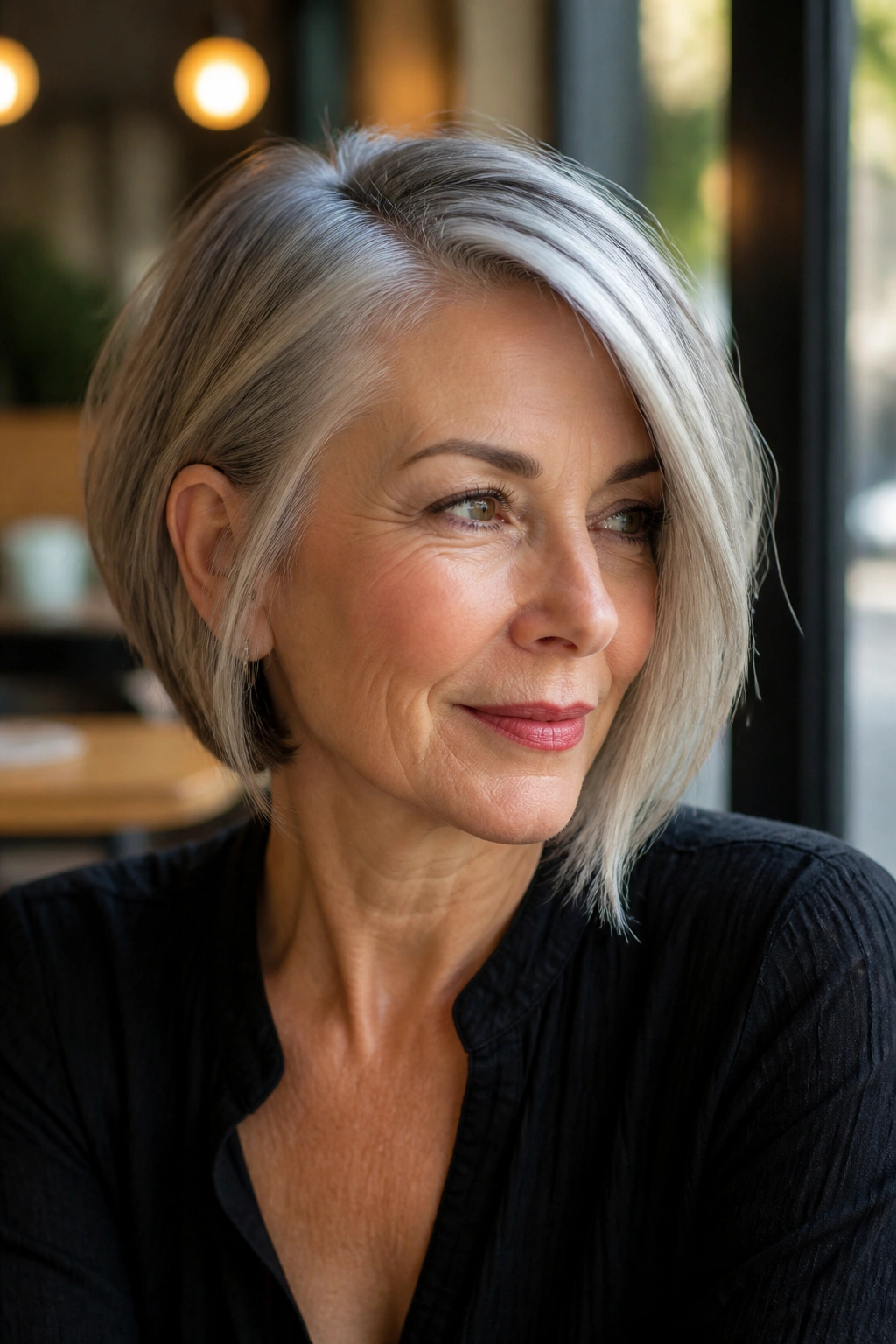 Real woman with asymmetrical bob and deep side part