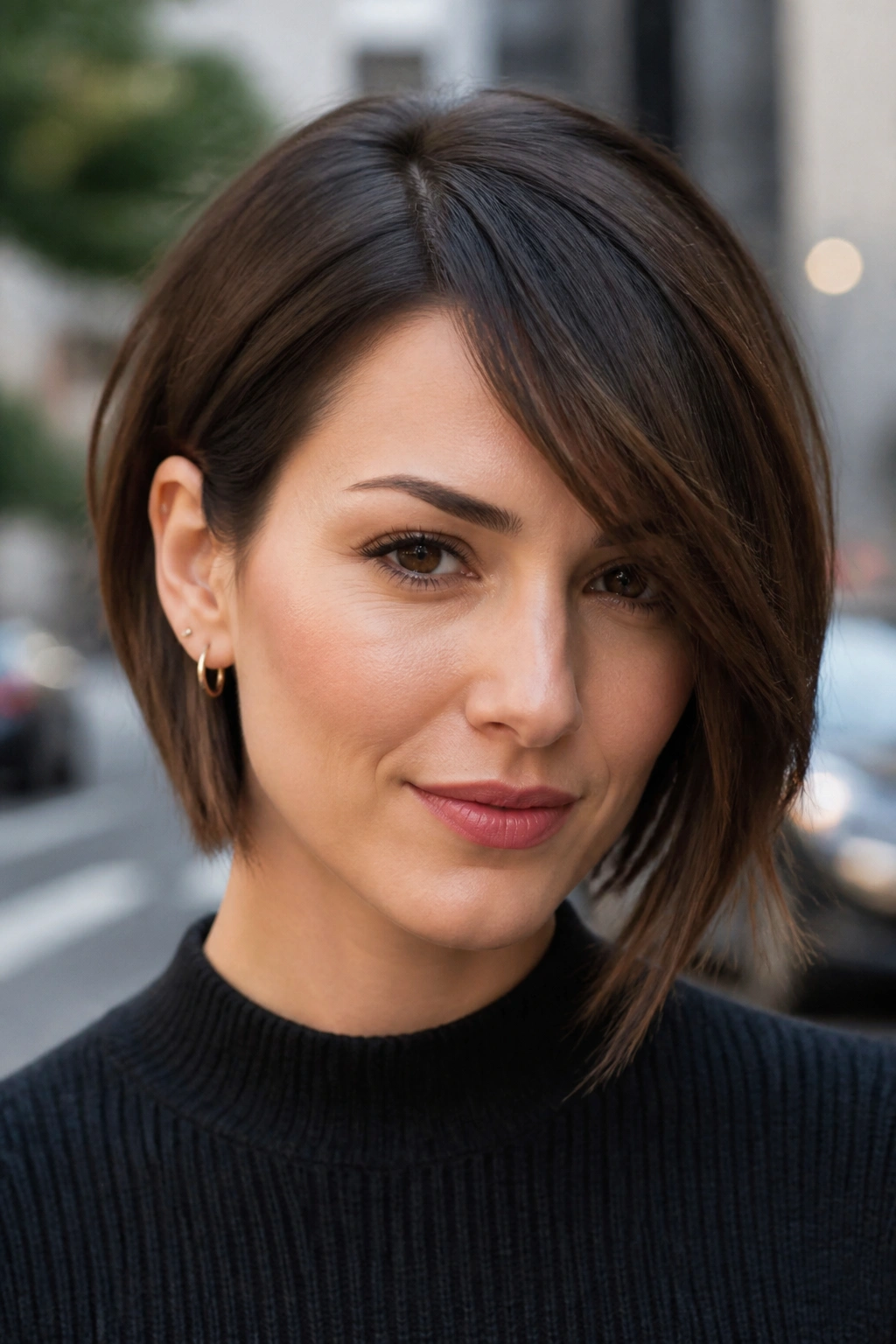 Portrait of a woman with an asymmetrical bob and deep side-part fringe.