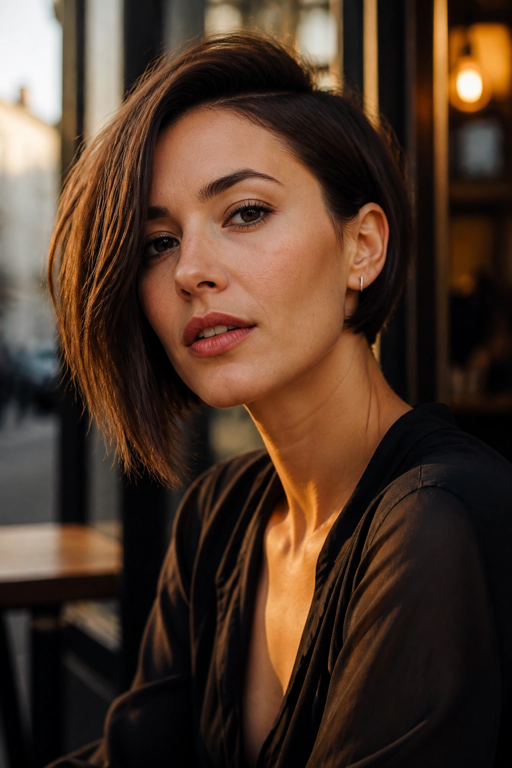 Close-up of a real woman with an asymmetrical bob and deep side part