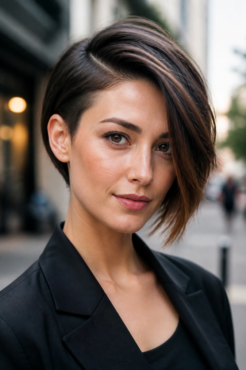 Portrait of a woman with asymmetrical bob and deep side part in urban setting