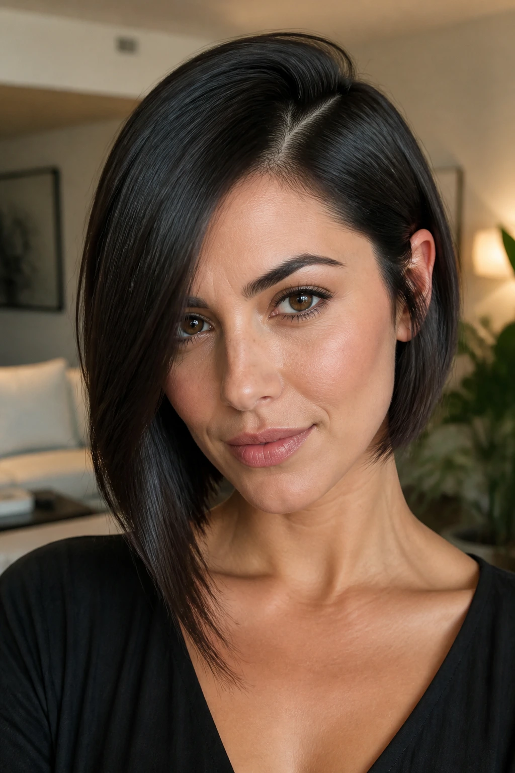 Close-up portrait of a real woman with an asymmetrical bob and deep side part
