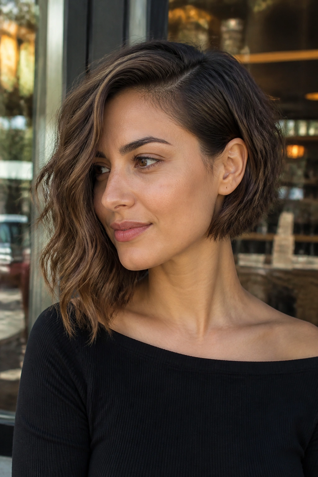Real woman with asymmetrical bob and deep side part in sunlit cafe window