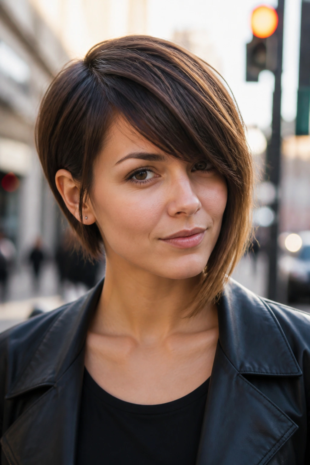 Close-up portrait of a real woman with an asymmetrical bob and diagonal fringe on an urban street