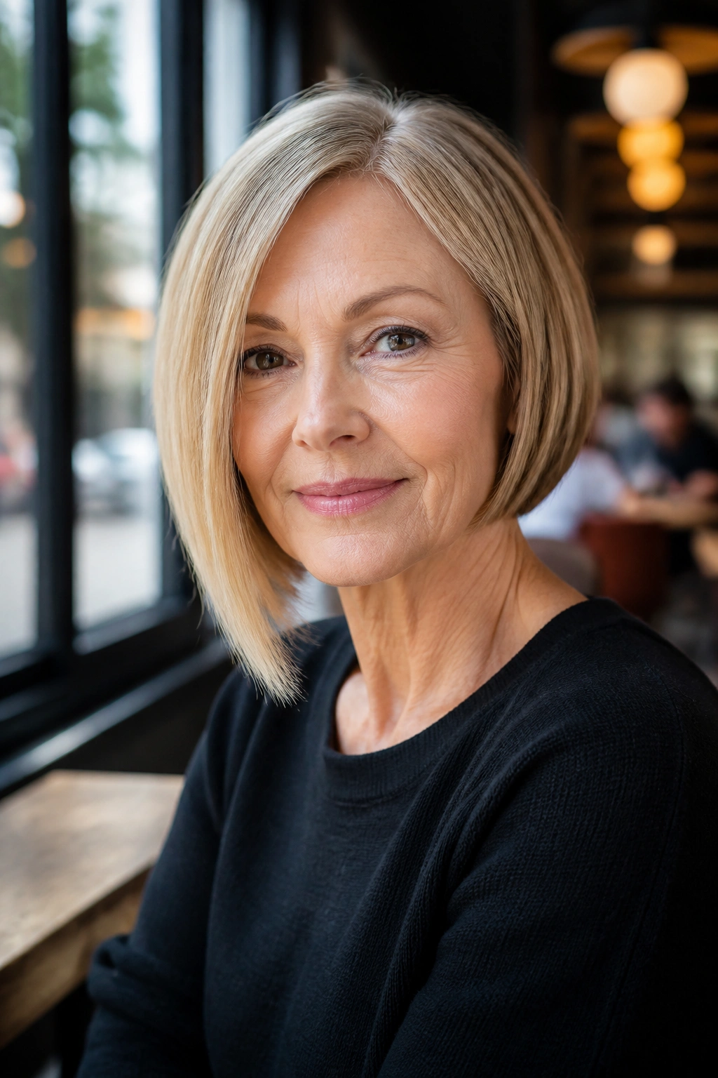 Three-quarter portrait of a woman with a subtle asymmetrical bob.