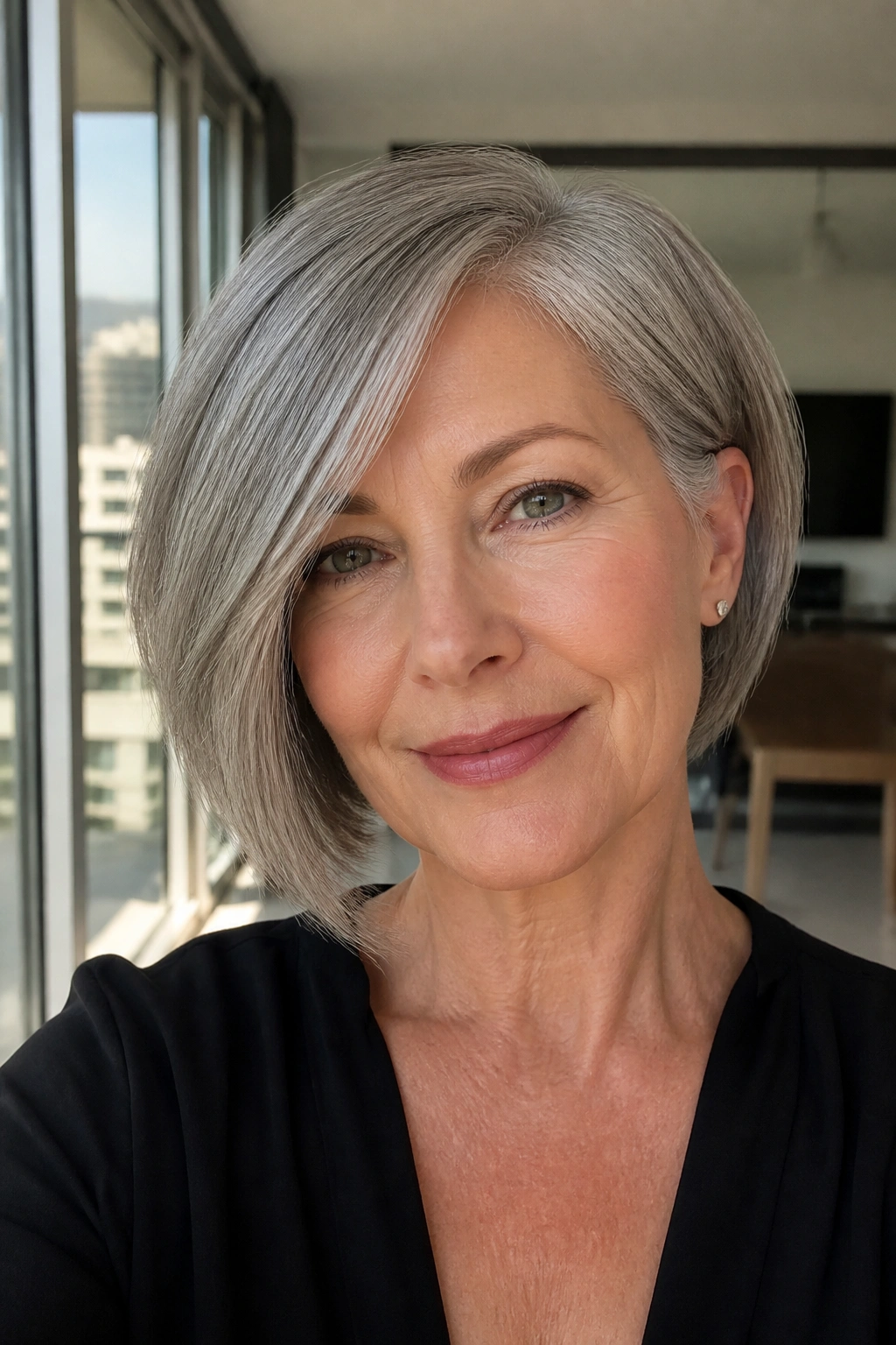 Real woman with asymmetrical bob showing soft diagonal line