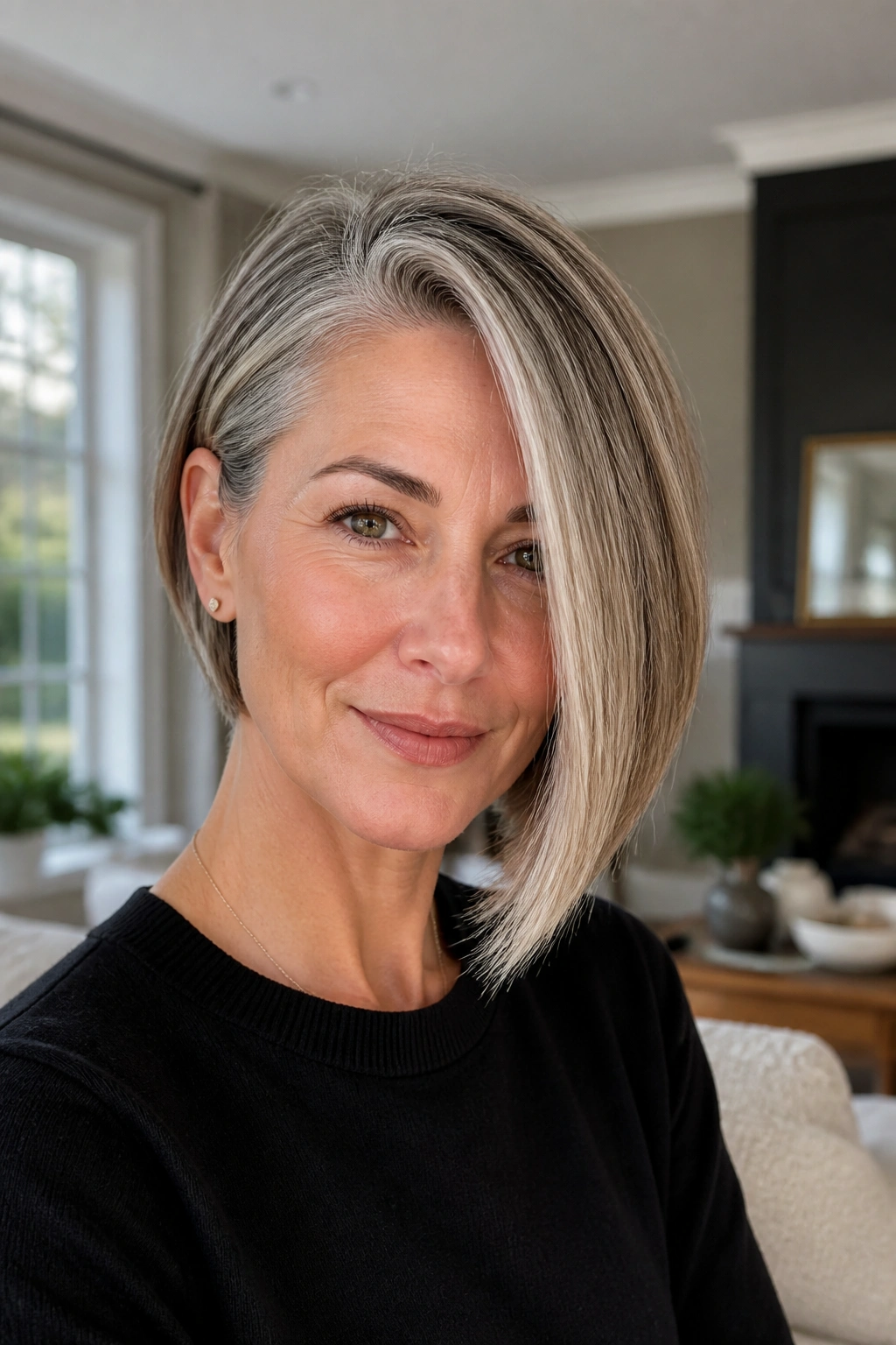 Close-up of a woman with an asymmetrical bob showing a longer side.