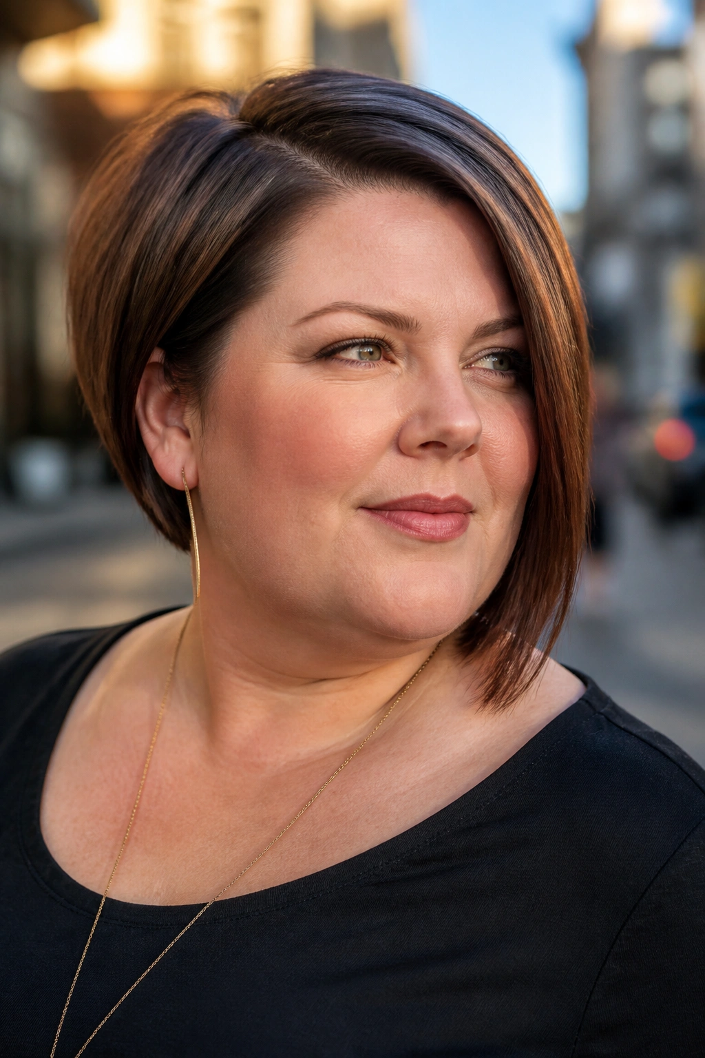 Portrait of a real woman with an asymmetrical bob and diagonal line.